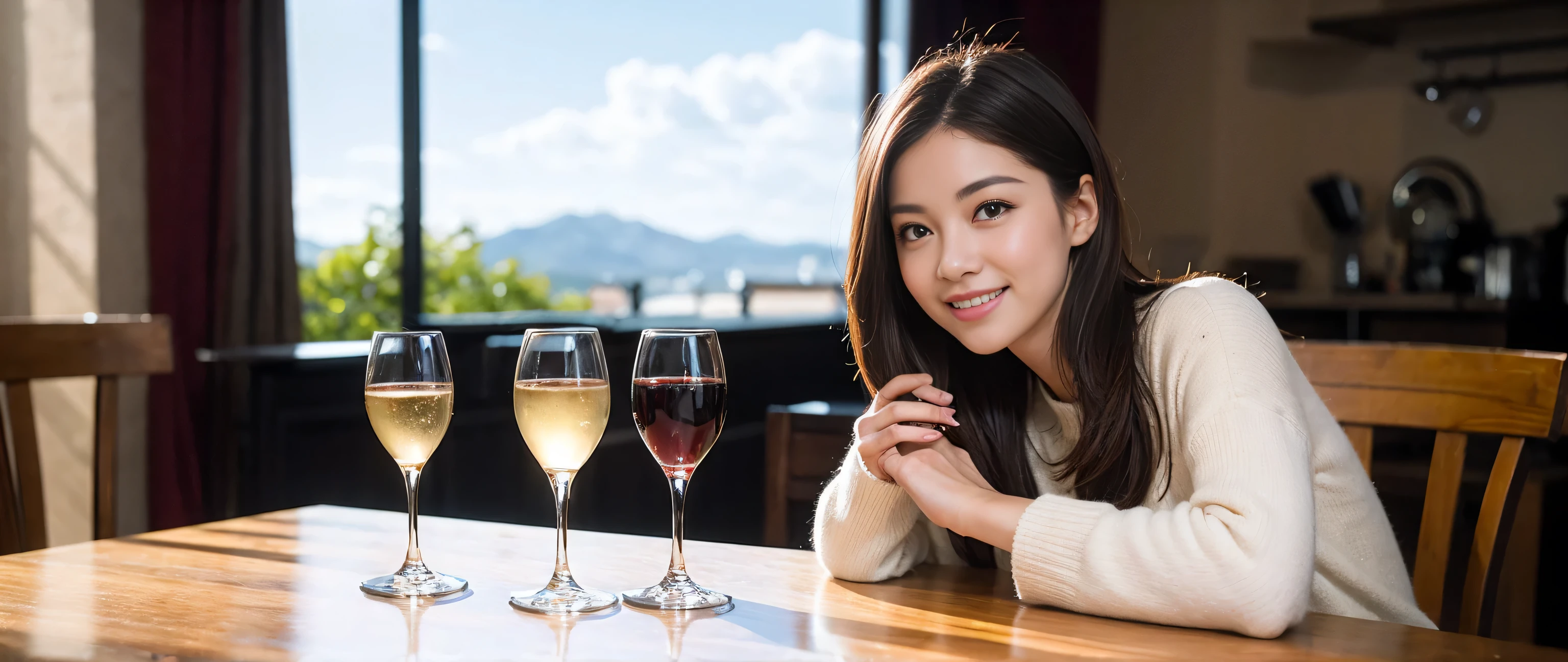 ((highest quality、8k、masterpiece:1.3))、Sharp focus:1.2、Beautiful woman perfect body:1.4、Slim body、((Bob Hale、Straight hair:1.2))、(to be born, highest quality, masterpiece:1.5), (Realistic, Intricate details:1.2), Wine glass on the table、Put the light on your face、 Amazing view of the sunset sky and clouds、Amazing mountain views、A bright smile、A lovely woman with a smile、Bright image、2. The beauty of wine, Beautiful Face, blue eyes, The light shines on your face, Blushing, short hair,Bright Face、Fox face、 (43 years old), 39 years old, Lady、red wine 、Appetizers、Italian food、Wine bottle、Champagne、sparkling wine、Two beauties、Brown Hair、Shortcuts、Long sleeve shirt、dress、Pretty Woman 1, (Slim face), (The body is slim), (Brown Hair), (Shortcuts), cheeks turn a little red,Attractive beauty、, Out of the window, A beautiful and detailed night view unfolds.........., restaurant, In a prominent place (From the waist up) Nova Frog Style, actress, model, Upper Body, White wine, slim, wine glass, A wine glass placed in the middle, smile, (smile: 1.15), Beautiful fine grain, Depth f/2,saturation, High Contrast, Strong light and shadow,Moist Body:1.5、3D texture、Delicate eyes、Brown Hair、The hair is very shiny、