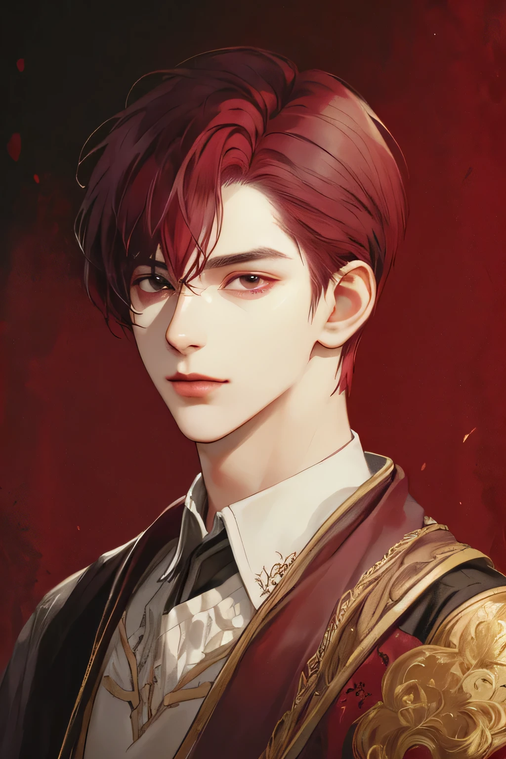 (Best quality),adult,1 man, male, mature, very tall, elegant, (((very short maroon hair))), black eyes, perfect eyes, maroon hair, medieval fantasy style, richly textured background, soft lighting, portrait style, painting style, deep colors, half body, look at camera