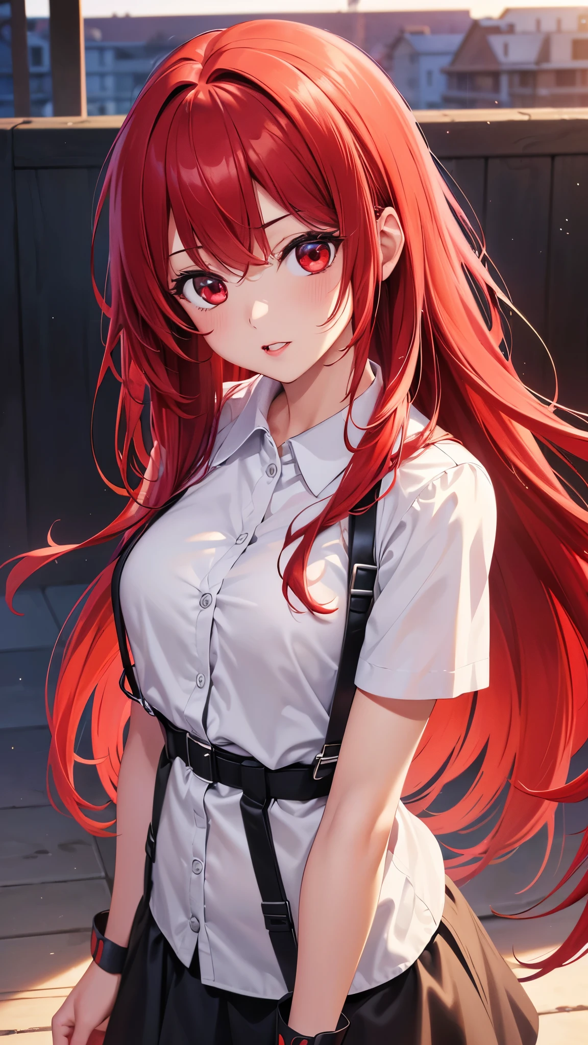 (Best quality at best,8K,A high resolution,tmasterpiece:1.2),Digital artwork, one girl，detailed face，detailed eyes，red hair，long straight hair，glowing red eyes，red lip，Suspenders