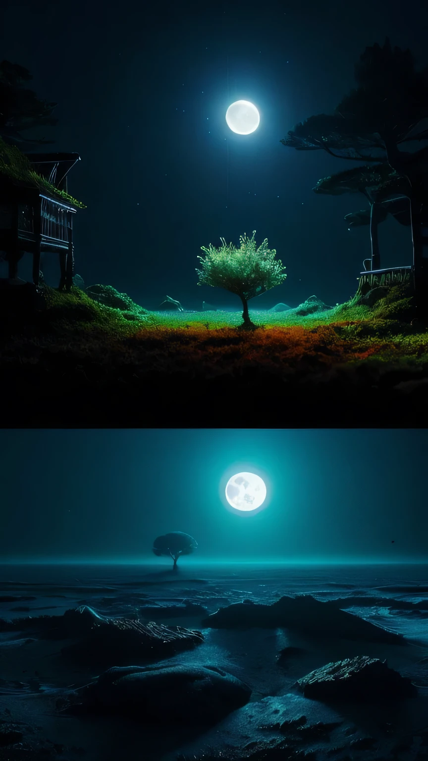 ship, high-fantasy, magical effects, hyper realistic, hyper detailed, mysterious air, ancient and abandoned, grown-over, luminescent moss, dark atmosphere, glowing lights spread evenly, very aesthetic, beautiful underwater scenery in the background,full moon