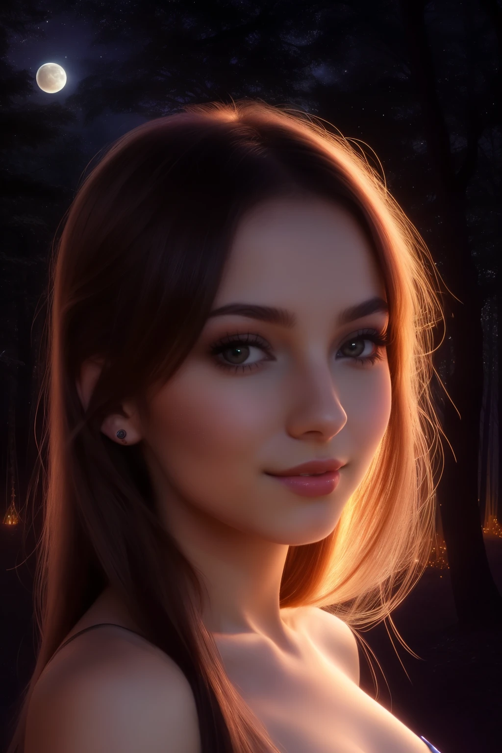 yulia-volkova, (1girl:1.4), solo, __head-parts__, lunar-inspired digital art, unified 16k wallpaper, super detailed, dreamy and enchanting, mesmerizing, masterpiece, best quality, raw, masterpiece, super fine art, best quality, super high resolution, photorealistic realism, two-moon lighting, brown, hair falling softly, moonlight-kissed, shoulders, playing with the light, scarlet and sapphire, enchanted forest, alive with light, fireflies, magical atmosphere, stare directly at the camera lens, captivating smile, eyes drawn with intricate