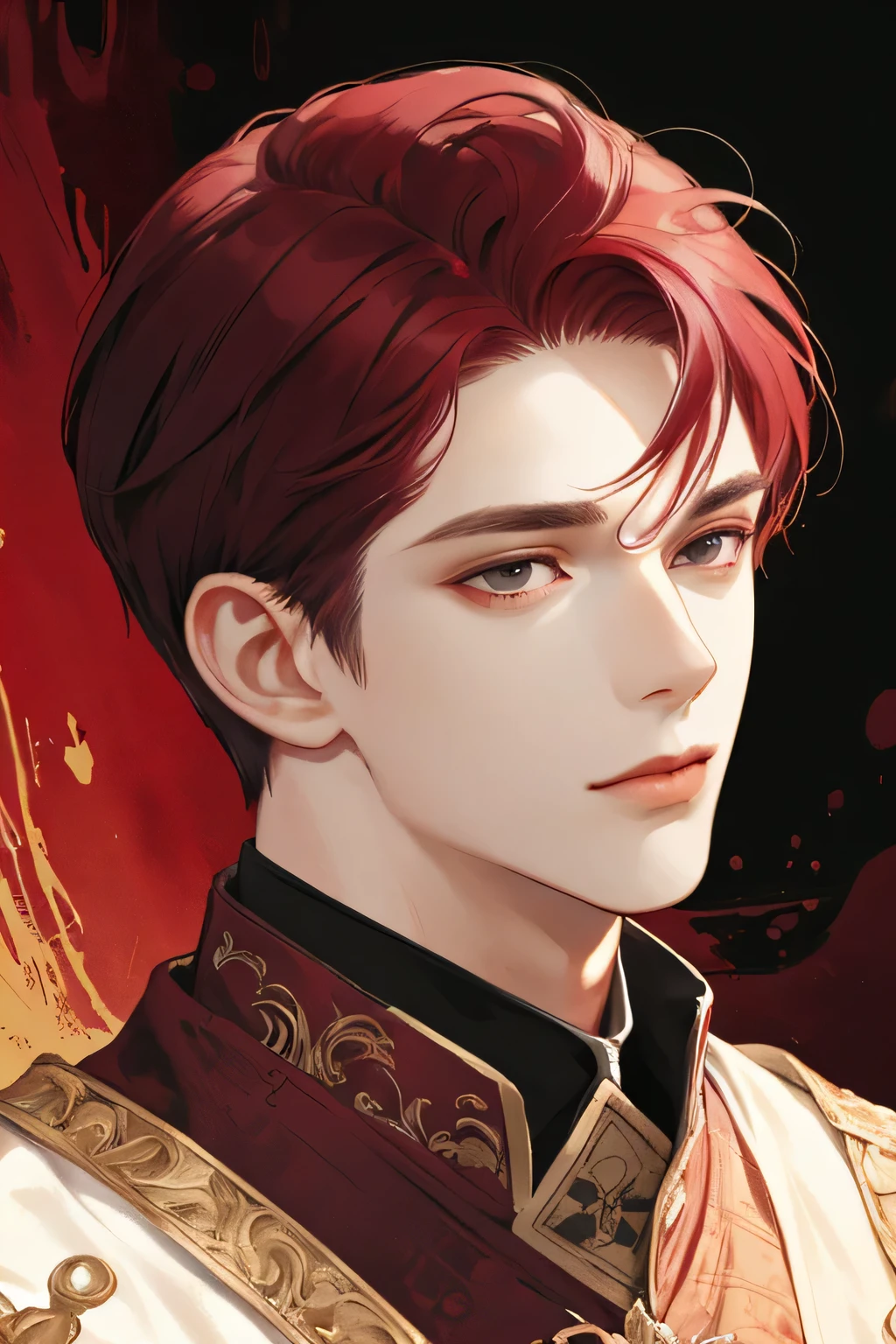 (Best quality),adult,1 man, male, mature, very tall, elegant, (((very short maroon hair))), black eyes, perfect eyes, maroon hair, medieval fantasy style, richly textured background, soft lighting, portrait style, painting style, deep colors, half body, look at camera
