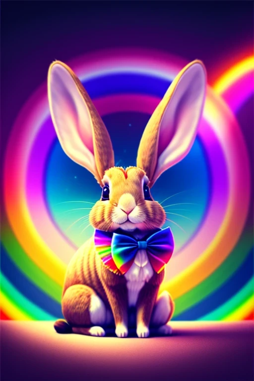 A rabbit wearing a bow tie sitting in front of a rainbow background