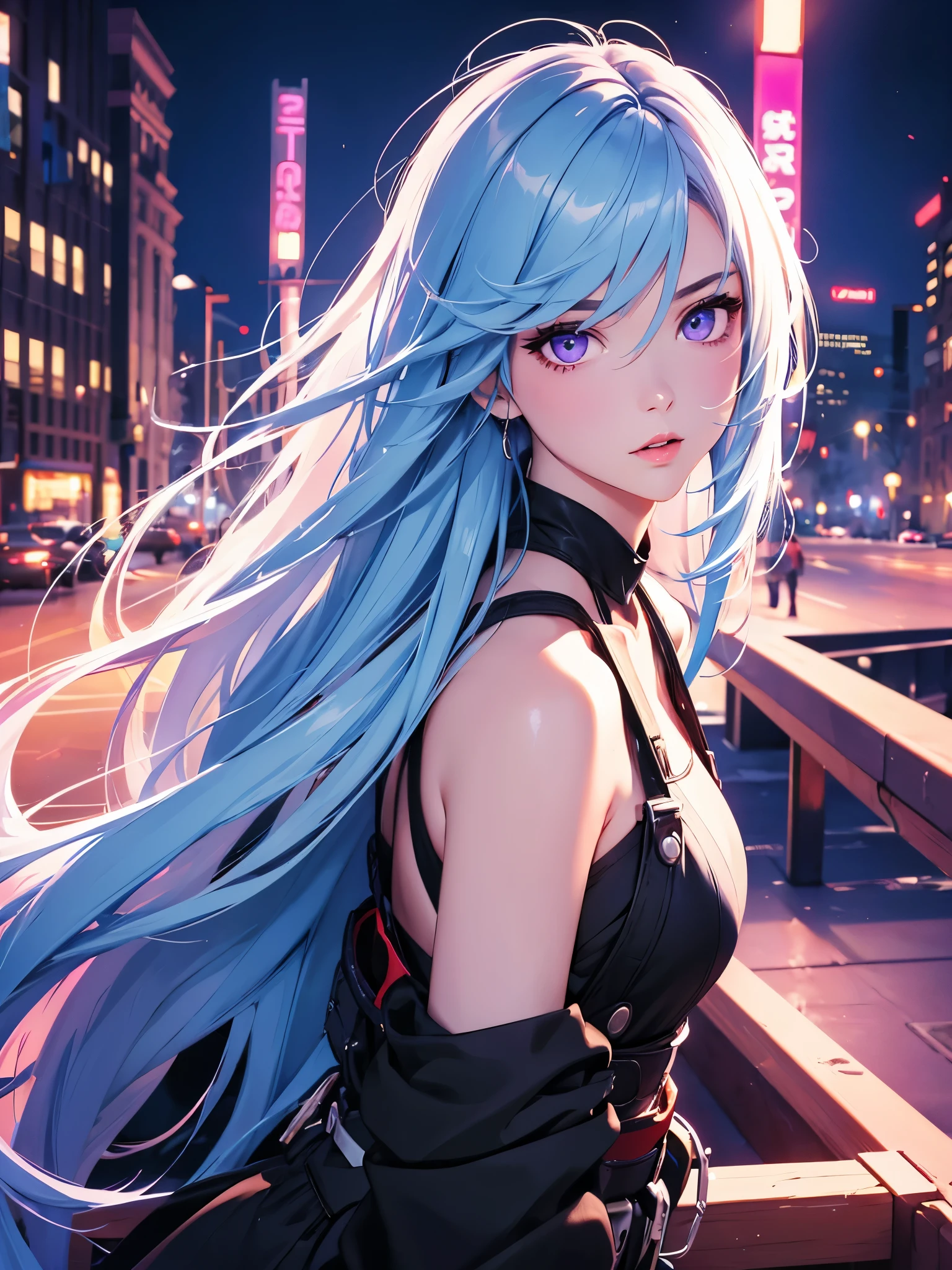 (Best quality at best,8K,A high resolution,tmasterpiece:1.2),Digital artwork, one girl，detailed face，detailed eyes，light blue hair，long straight hair，glowing purple  eyes，red lip，Suspenders