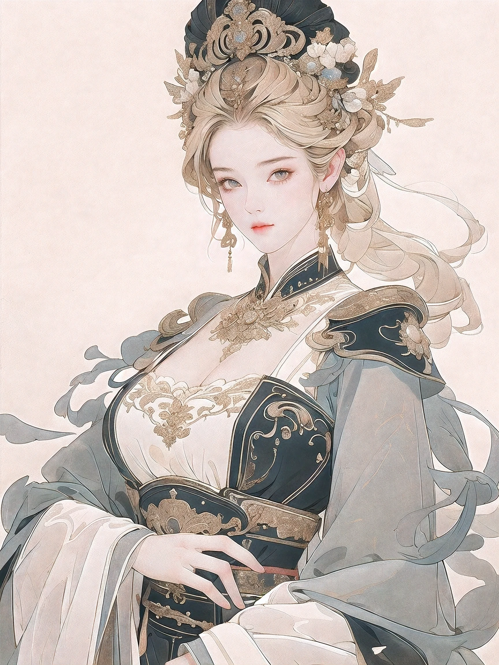 best quality, masterpiece, Big breasts, Delicate skin texture, Detailed cloth texture, Detailed face, Super details, 8K, intricate details, 1 girl, 30 years old, high contrast, High resolution eyes, Blonde