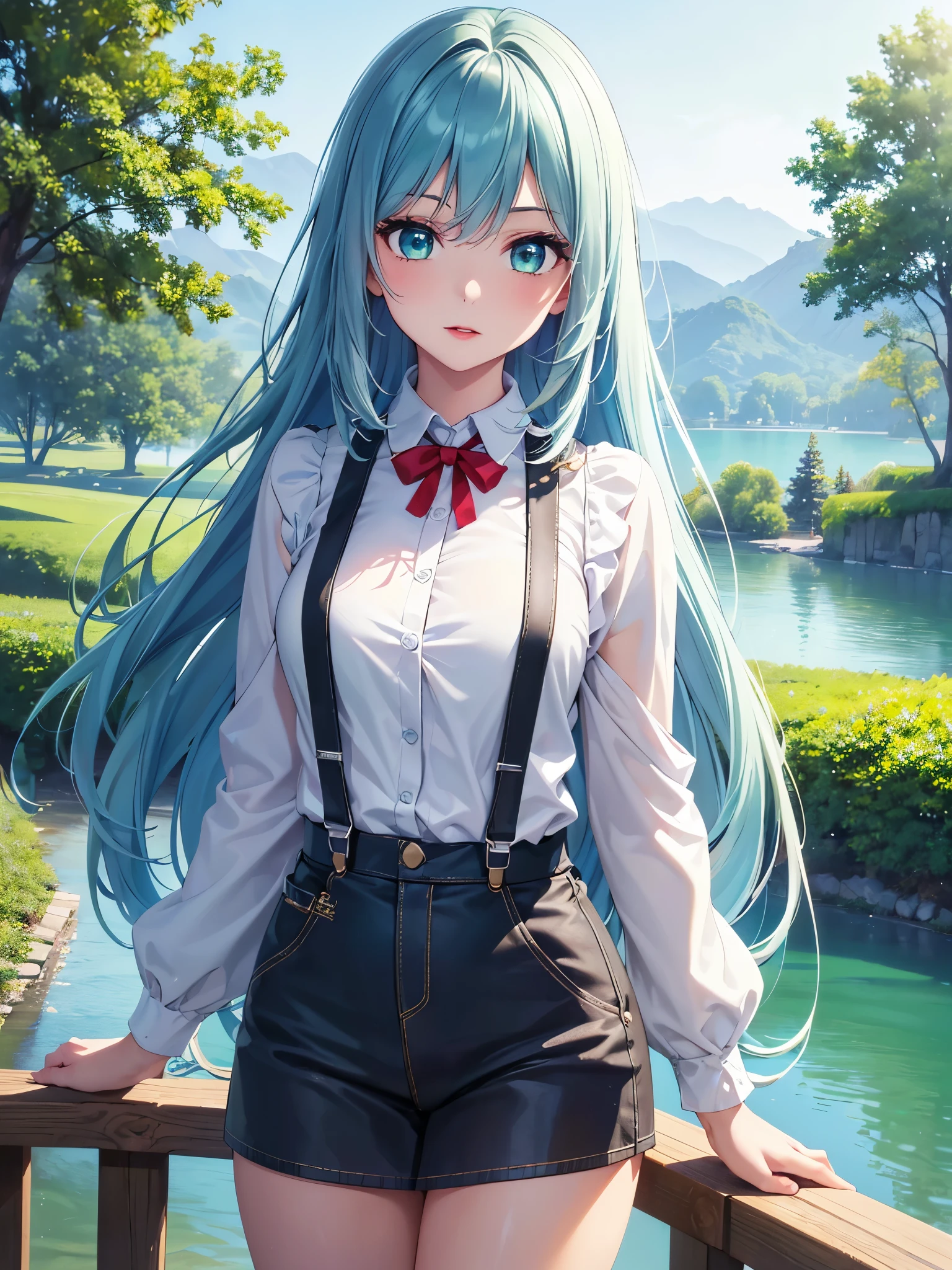 (Best quality at best,8K,A high resolution,tmasterpiece:1.2),Digital artwork, one girl，detailed face，detailed eyes，light blue hair，long straight hair，glowing lake green  eyes，red lip，Suspenders