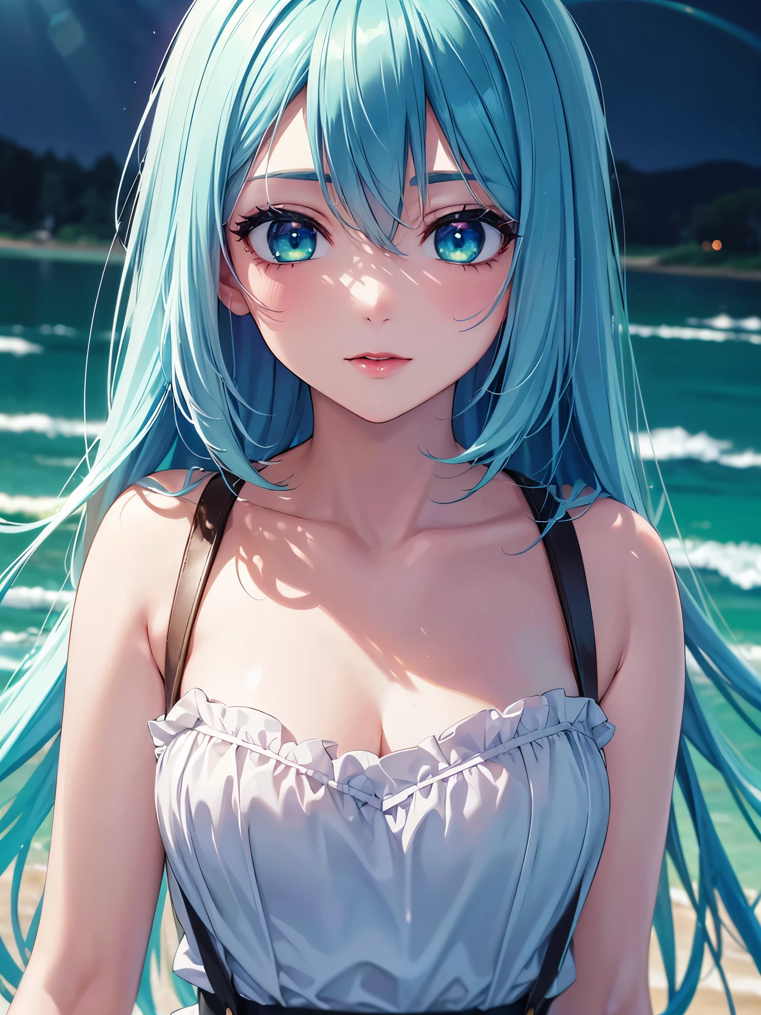 (Best quality at best,8K,A high resolution,tmasterpiece:1.2),Digital artwork, one girl，detailed face，detailed eyes，light blue hair，long straight hair，glowing lake green  eyes，red lip，Suspenders