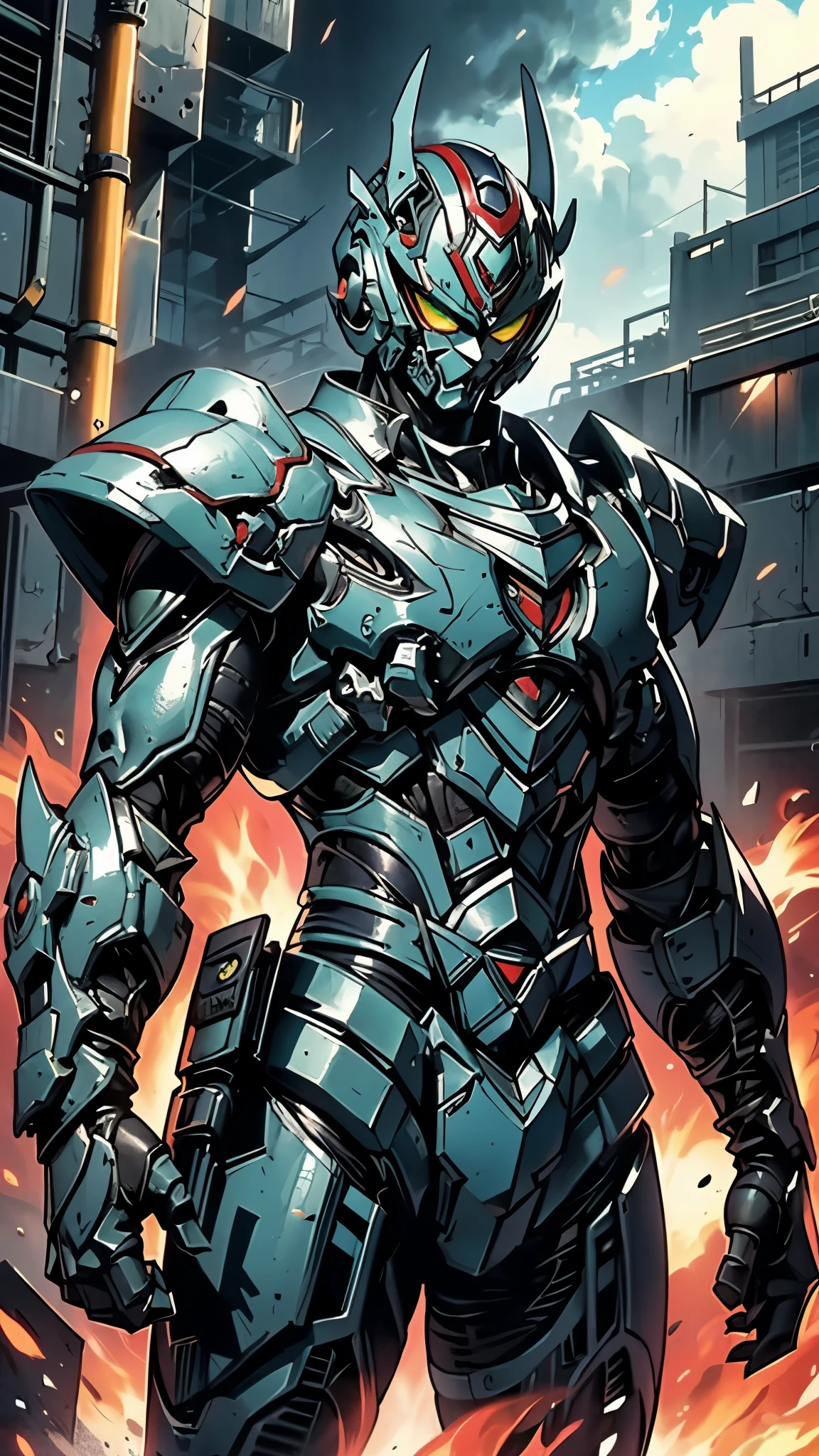 A man wearing a full-face helmet, a fantasy-style biotech armored combat suit, green eyes, (a composite layered chest armor), fully enclosed shoulder guards, matching arm and leg guards, the belt is adorned with Falcon Wing, (the color scheme is primarily white with red and blue accents), the design balances heavy with agility, a high-tech bio-mecha armor, (Armor Concept Inspired by Falcon, stand on the top of a skyscraper in a futuristic sci-fi city), this character embodies a finely crafted fantasy-surreal style armored hero in anime style, exquisite and mature manga art style, (battle damage, element, plasma, energy, the armor glows), ((male:1.5)), metallic, real texture material, dramatic, high definition, best quality, highres, ultra-detailed, ultra-fine painting, extremely delicate, professional, perfect body proportions, golden ratio, anatomically correct, symmetrical face, extremely detailed eyes and face, high quality eyes, creativity, RAW photo, UHD, 32k, Natural light, cinematic lighting, masterpiece-anatomy-perfect, masterpiece:1.5