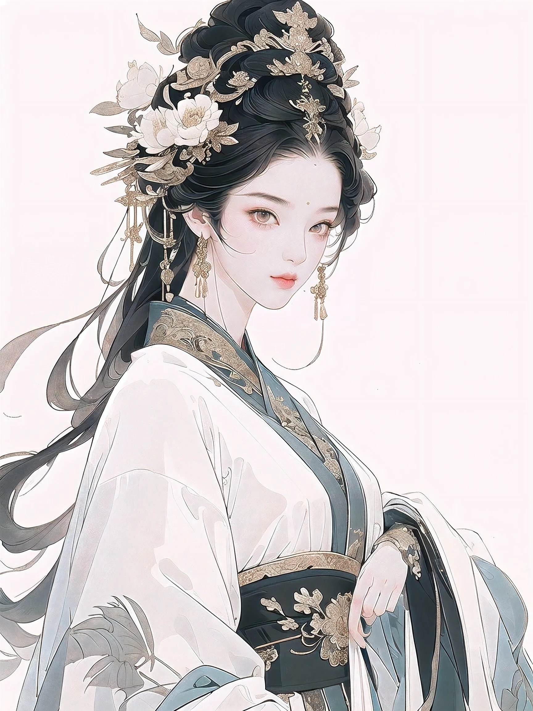 (masterpiece,super detailed,HD details,highly detailed art)1 girl,Half body,xianxia,monochrome,monotonous,elegant,Highly detailed character designs from East Asia,Game character costume design,simple,ultra high resolution, sharp focus, epic work, masterpiece, (Very detailed CG unified 8k wallpaper),pretty face,beautiful eyes,HD details
