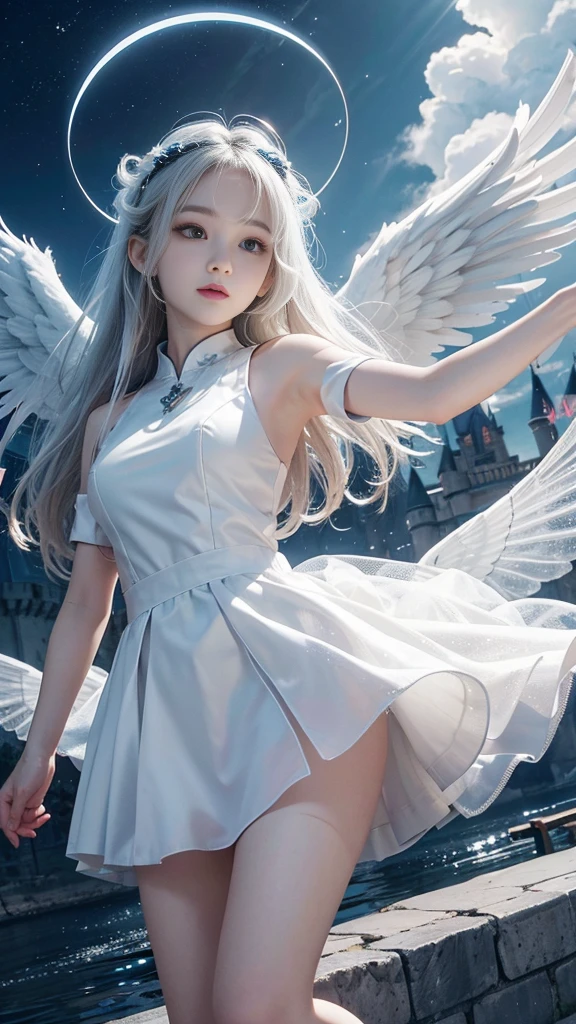 8K resolution,Angel,Halo on the head,float,Castle Background,White skin,,Asian,one person,,White tulle skirt