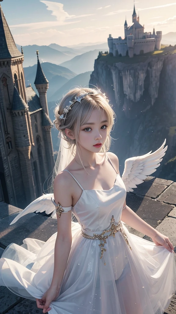 8K resolution,Angel,Halo on the head,float,Castle Background,White skin,,Asian,one person,Loli,White tulle skirt