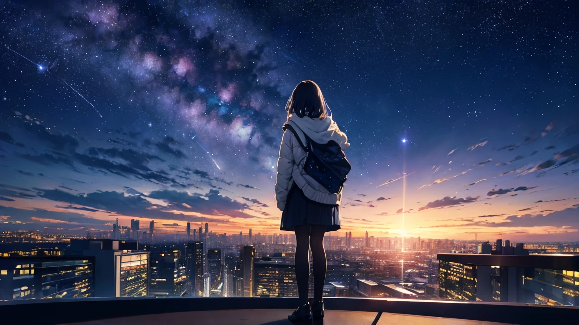 (masterpiece, highest quality,Movie Frame),wallpaper,Girl standing on the balcony looking at the sky.,Color Horizontal,Detail Surface,alone,milky way,board member,,At night,starry sky,star,meteorite,luz de la board member,Dim Light,Panorama,Wide-angle view,starcloud,Very detailed