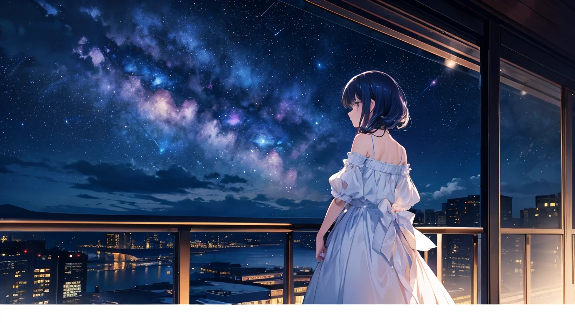 (masterpiece, highest quality,Movie Frame),wallpaper,Girl standing on the balcony looking at the sky.,Color Horizontal,Detail Surface,alone,milky way,board member,,At night,starry sky,star,meteorite,luz de la board member,Dim Light,Panorama,Wide-angle view,starcloud,Very detailed