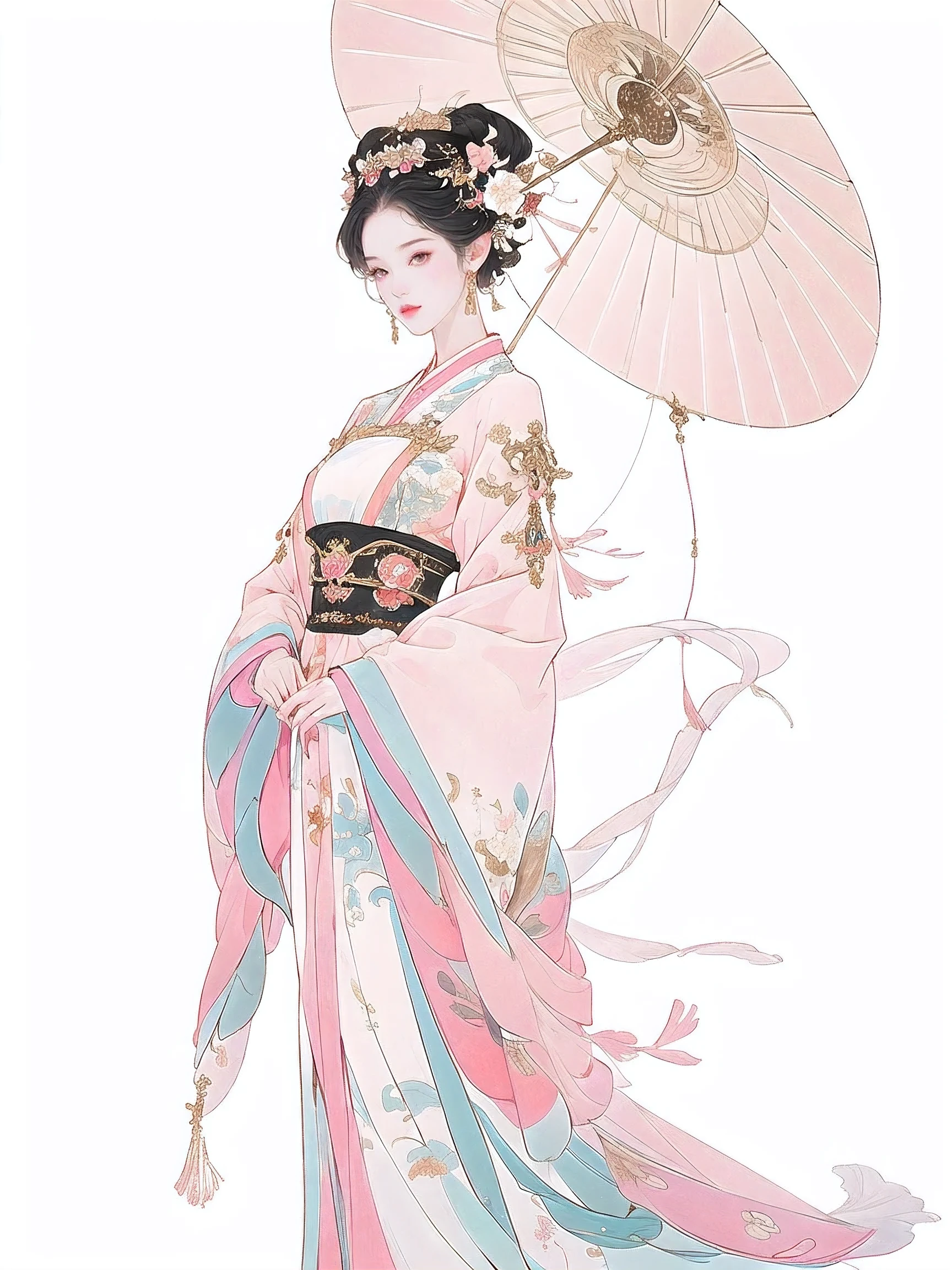 1 female(pretty face),Unique,full body standing painting,alone,Transparent Background,Original character designs from East Asia,Game character costume design,peach blossom decoration,light pink skirt,gorgeous costumes,high detail,color grade,White background,ultra high resolution,sharp focus,HD,8k,clear facial features,clear details