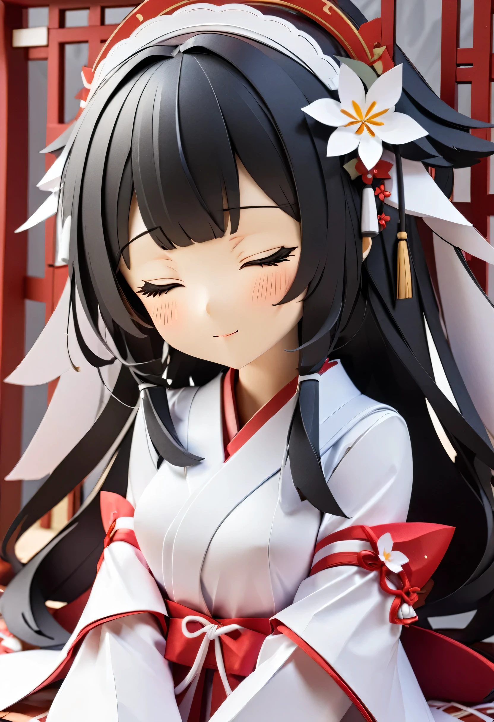 best quality, papercraft:1.6, a blunt bangs black hair long hair shrine maiden girl, sexy closed eyes.