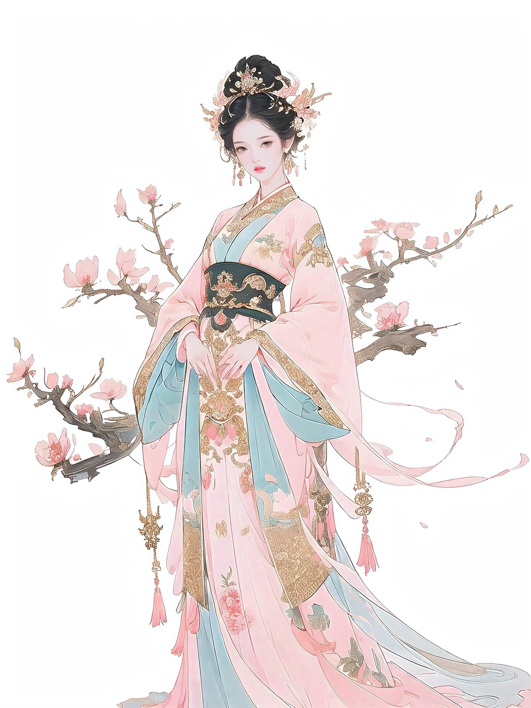 1 female（pretty face），Unique，full body standing painting，alone，Transparent Background，Original character designs from East Asia，Game character costume design，peach blossom decoration，light pink skirt，gorgeous costumes，high detail，color grade，White background，ultra high resolution，sharp focus，HD，8k，clear facial features，clear details