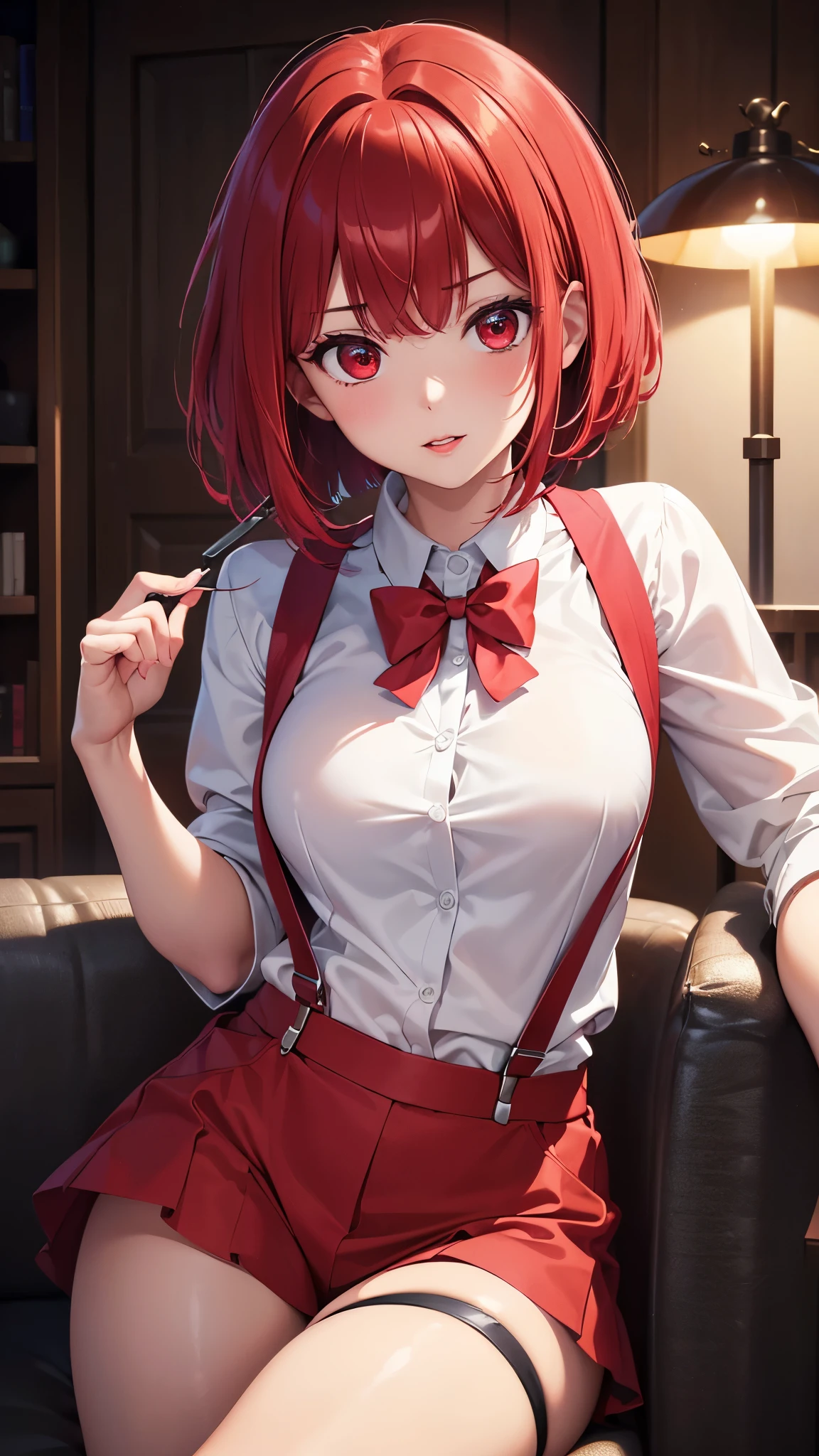 (Best quality at best,8K,A high resolution,tmasterpiece:1.2),Digital artwork, one girl,detailed face,detailed eyes,red hair,short straight hair,glowing red eyes,red lip,Suspenders