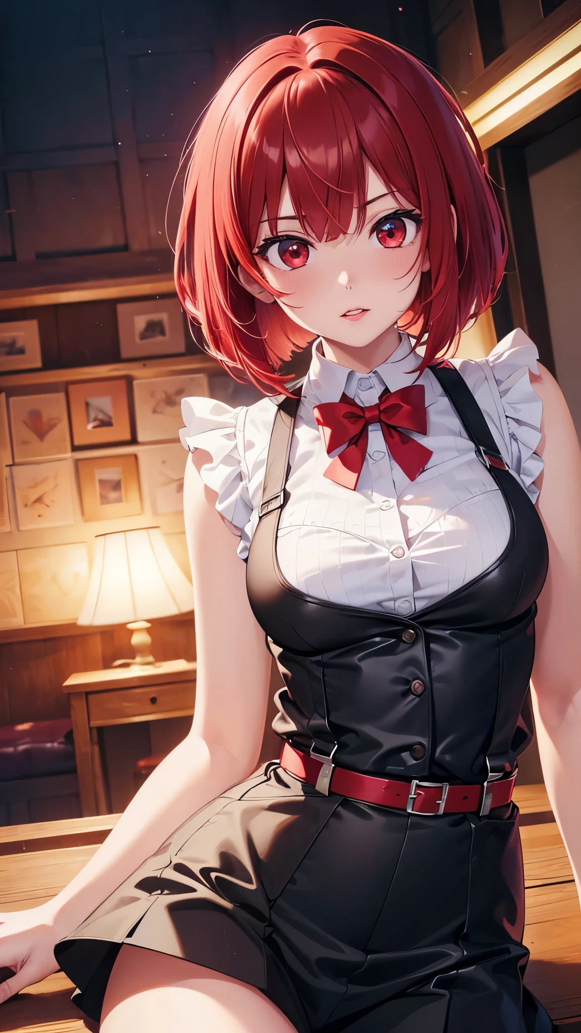 (Best quality at best,8K,A high resolution,tmasterpiece:1.2),Digital artwork, one girl，detailed face，detailed eyes，red hair，short straight hair，glowing red eyes，red lip，Suspenders