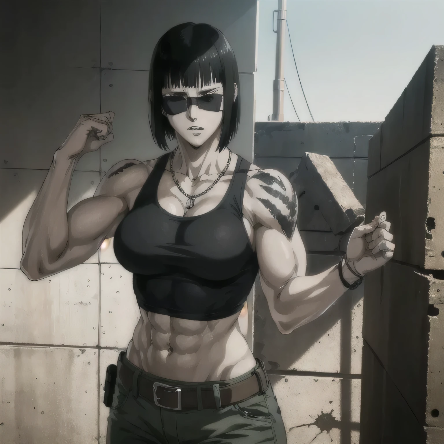 (best quality,ultra-detailed,realistic:1.37),musclaur badass girl with sculpted body with preview her musclaur body and six-pack, full review of the female character's face and body, intense expression, strong and confident posture, studio lighting, vivid colors, physiologically-based rendering, grungy texture, rugged background, dust particles in the air, commanding presence, professional, powerful, gritty aesthetics,,Valmet،short hair,necklace,clean muscles،wearing military pants with belt and sport midriff tank top, tattoos on shoulders,clean clothes,Hands in pockets,sunglasses,Shining muscles, muscle protrusion