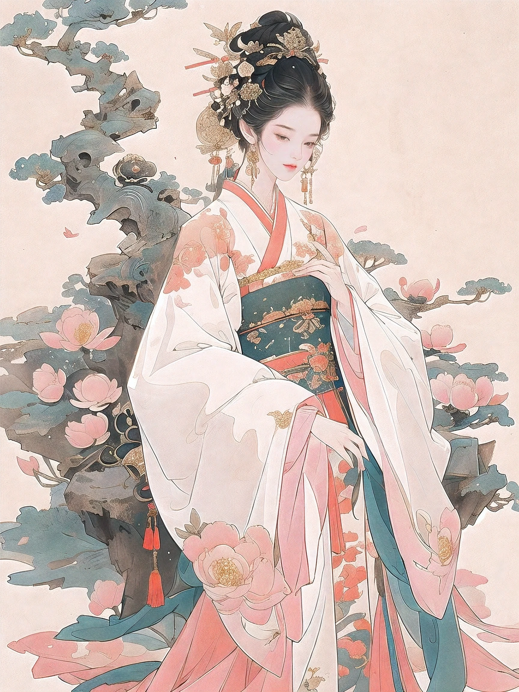 （tmasterpiece：1.2，Best quality），（The face is very delicate，Real pictures，Realistic skin，photorealistic body，Complicated details），solo，Full body lesbian（Full body female：1.9），TRADITIONAL CHINESE COSTUMES，Song dynasty Hanfu，（aquarelle：1.3），Oiran，Full body like，Petals flying，holding a book in his hands，look down to the ground，There are petals on the ground，A peach blossom tree