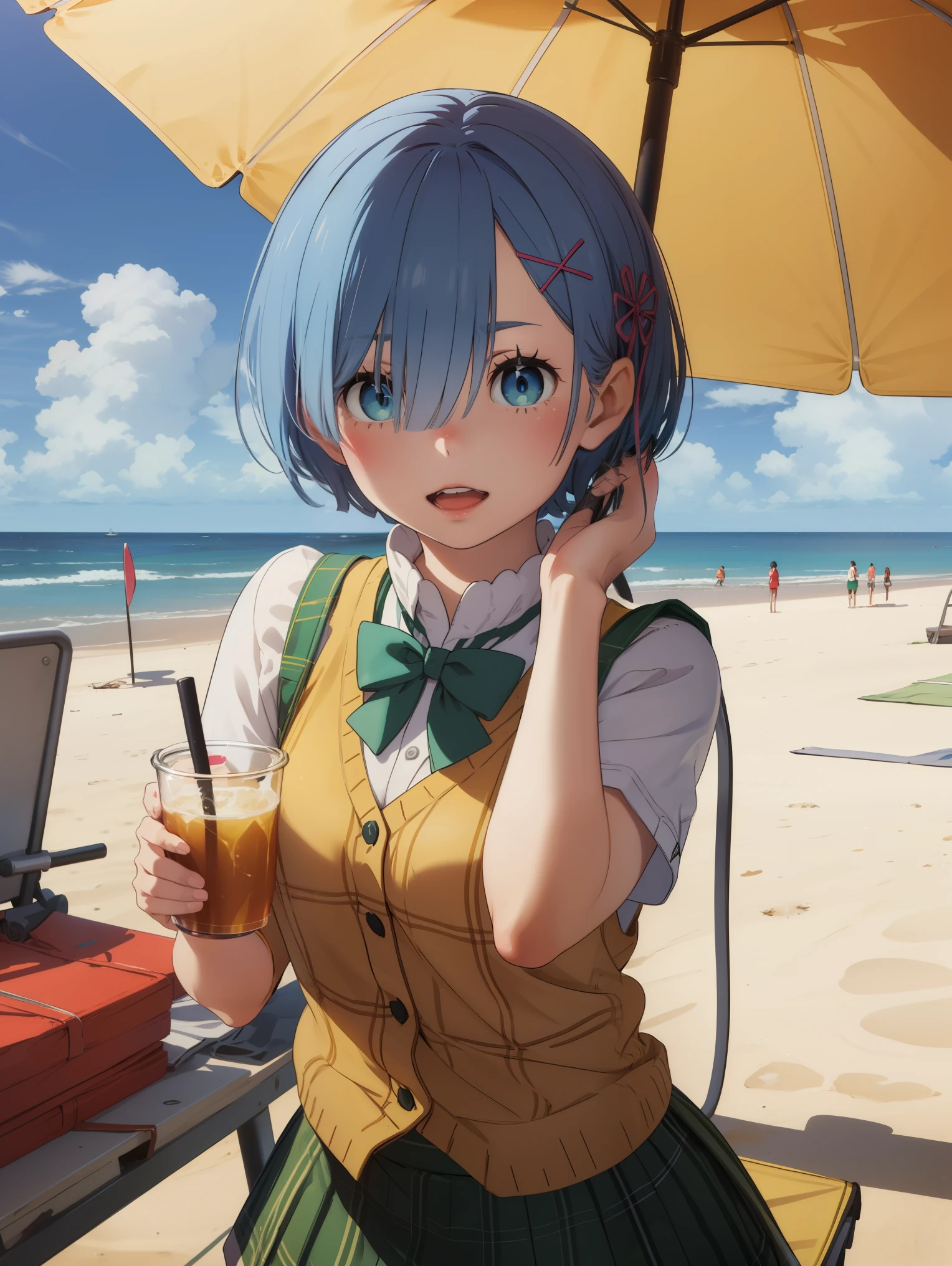 ph_rem, remhd, 1girl, blue hair, solo, blue eyes, x hair ornament,
BREAK (school uniform, green bowtie, collared shirt, white shirt, sweater vest, yellow vest, short sleeves, plaid skirt, green skirt:1.2),
BREAK beach umbrella,beach chair,on back,:d,sideways_glance,cup,holding cup,
BREAK (masterpiece:1.2), best quality, high resolution, unity 8k wallpaper, (illustration:0.8), (beautiful detailed eyes:1.6), extremely detailed face, perfect lighting, extremely detailed CG, (perfect hands, perfect anatomy),