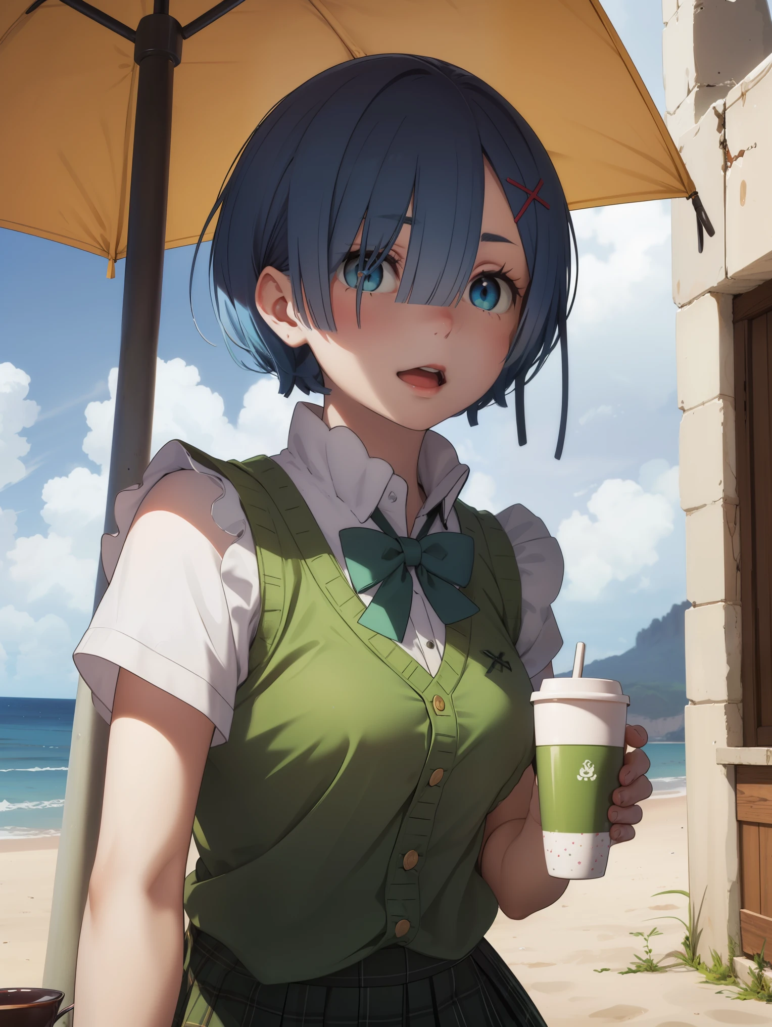 ph_rem, remhd, 1girl, blue hair, solo, blue eyes, x hair ornament,
BREAK (school uniform, green bowtie, collared shirt, white shirt, sweater vest, yellow vest, short sleeves, plaid skirt, green skirt:1.2),
BREAK beach umbrella,beach chair,on back,:d,sideways_glance,cup,holding cup,
BREAK (masterpiece:1.2), best quality, high resolution, unity 8k wallpaper, (illustration:0.8), (beautiful detailed eyes:1.6), extremely detailed face, perfect lighting, extremely detailed CG, (perfect hands, perfect anatomy),