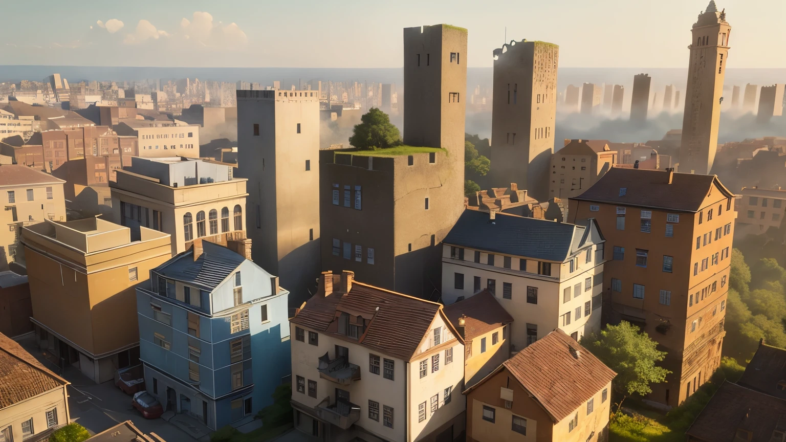 （（Different world scene，Retro风格，Super high-rise stone house）），Densely packed buildings，town，High-rise，Community，30-story residential building，European classical house，Retro，middle Ages，，Rundown