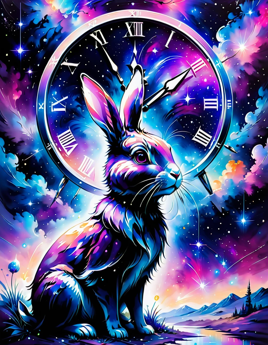 clock and rabbit,Milky Way,nebula, Shiny colors, Purple and blue, Very detailed, beautiful lights, ethereal, mystery, 8k, Bright colors, nice backlight, Splash of Color