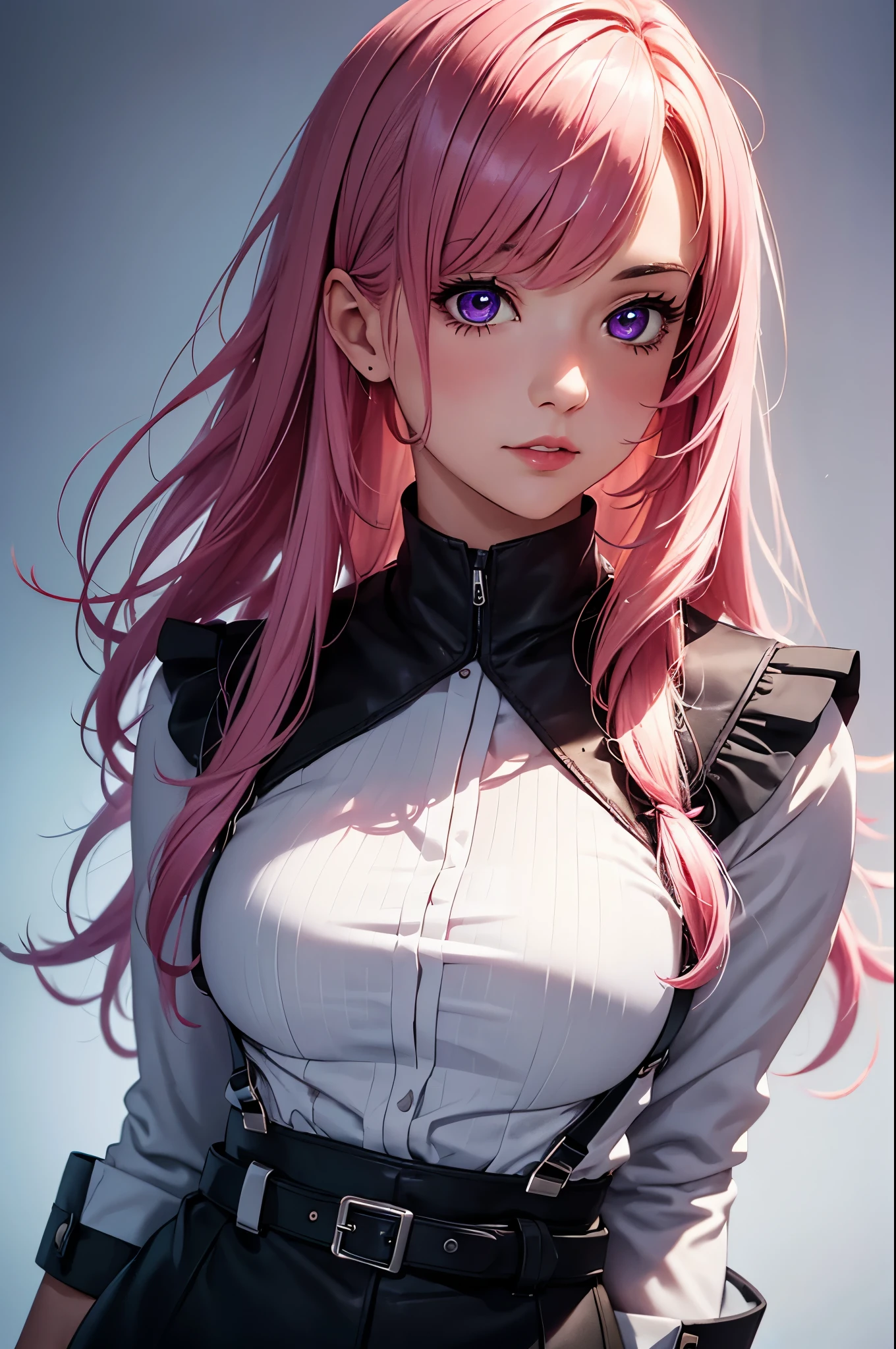 (Best quality at best,8K,A high resolution,tmasterpiece:1.2),Digital artwork, one girl,detailed face,detailed eyes,pink hair,long straight hair,glowing purple eyes,red lip,Suspenders