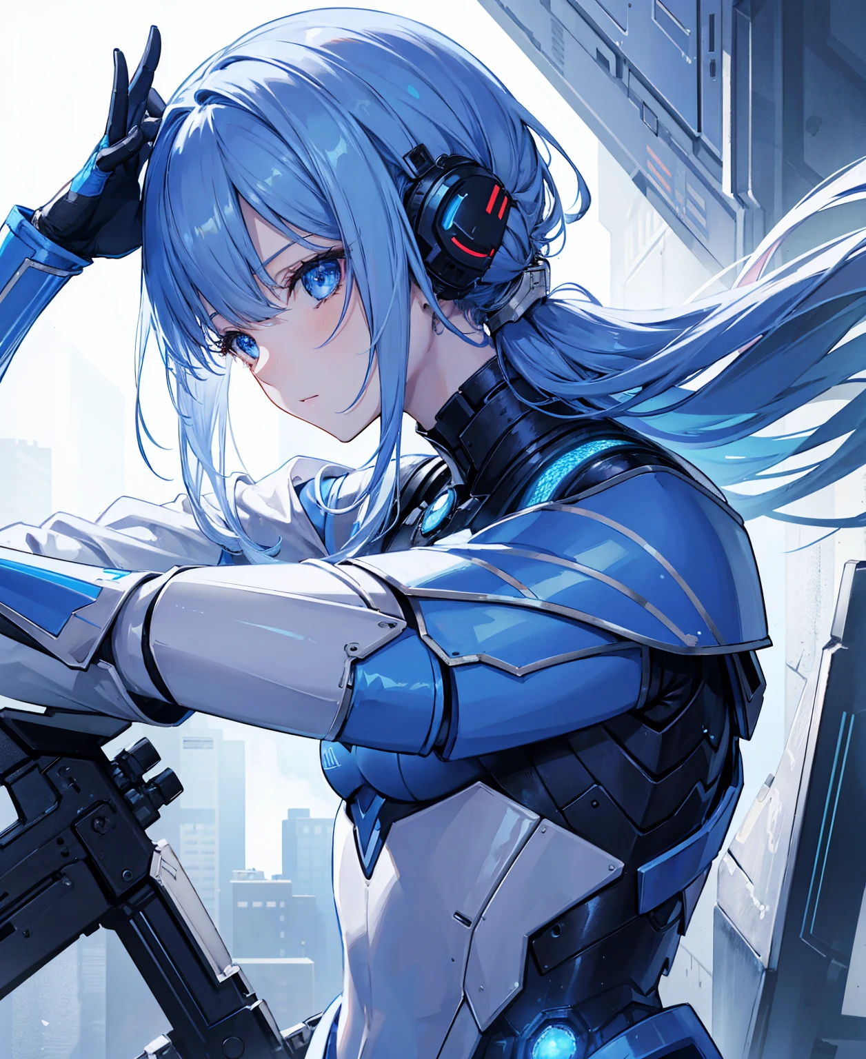 8k, highest quality, (real:1.4), Original photo, 1 girl, Asari Hair, Biological Amplifier, refined armor, posture: Peace talks between warring factions, smart blue eyes
