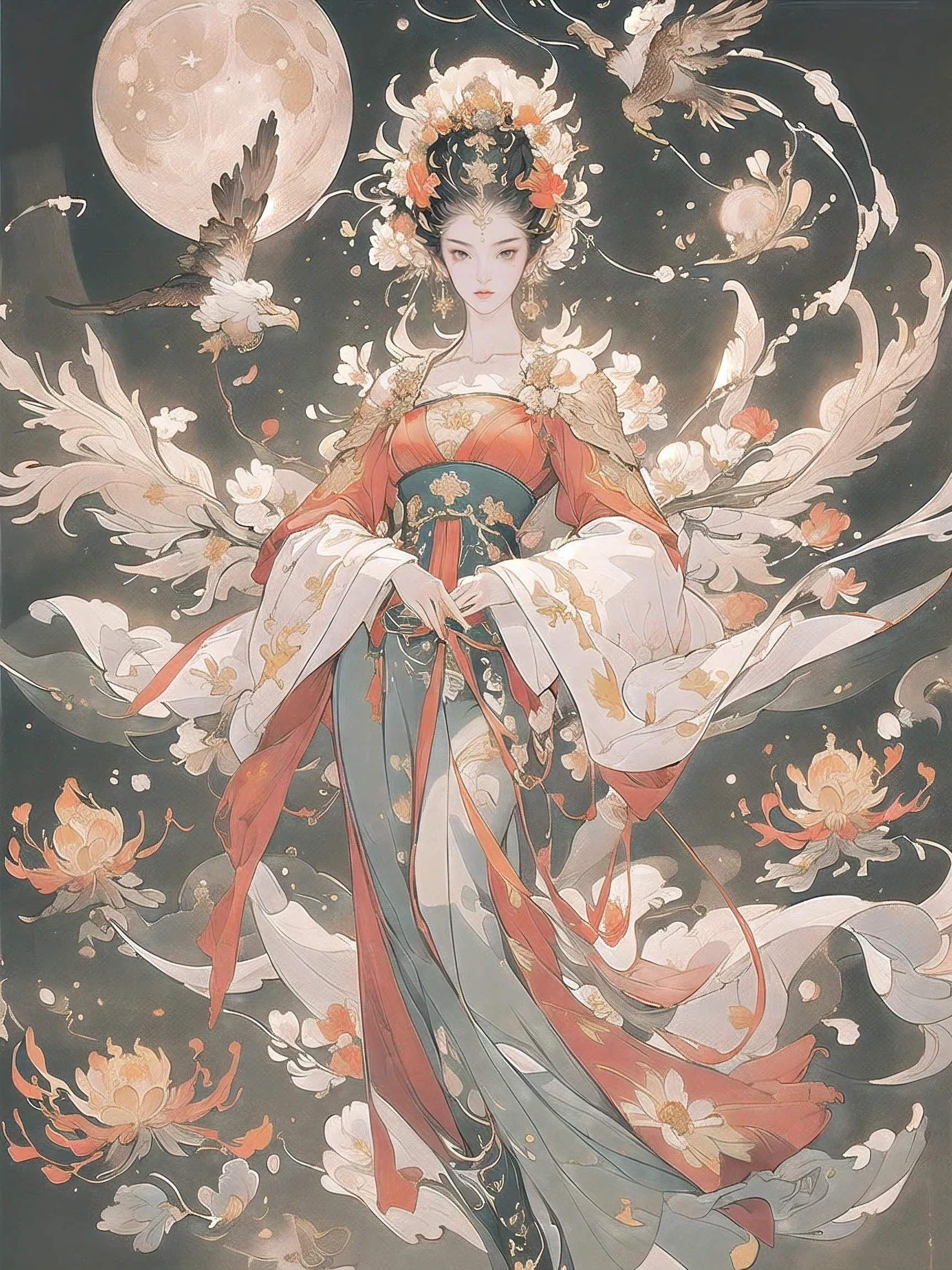 (8k, highest quality, masterpiece),{Realistic, RAW Photos, Super Fine Clear, Portraiture, (infruenced by Yoshitaka Amano's style painting:1.6)}, Realistic Light, Detailed skin, (Beautiful woman with slim body, Age 25, Swordsman:1.5), Thin legs, fine grain, Long white hair, Detailed fingers, thin, Sexual, Expressions of Ecstasy, Dynamic and sexy pose, (huge Bouncy Firm Bust:1.4), (sexy sea-throug commander's suit, long skirt, long red cape, boots:1.2),(The suit has a wide opening at the chest;1.6), Exposing the breasts, (arcadia, Flower Storm, many flowers:1.8), Wide and beautiful view, (eagle on her shoulder, Flowers, Birds, Wind and Moon, Phoenix:1.5),