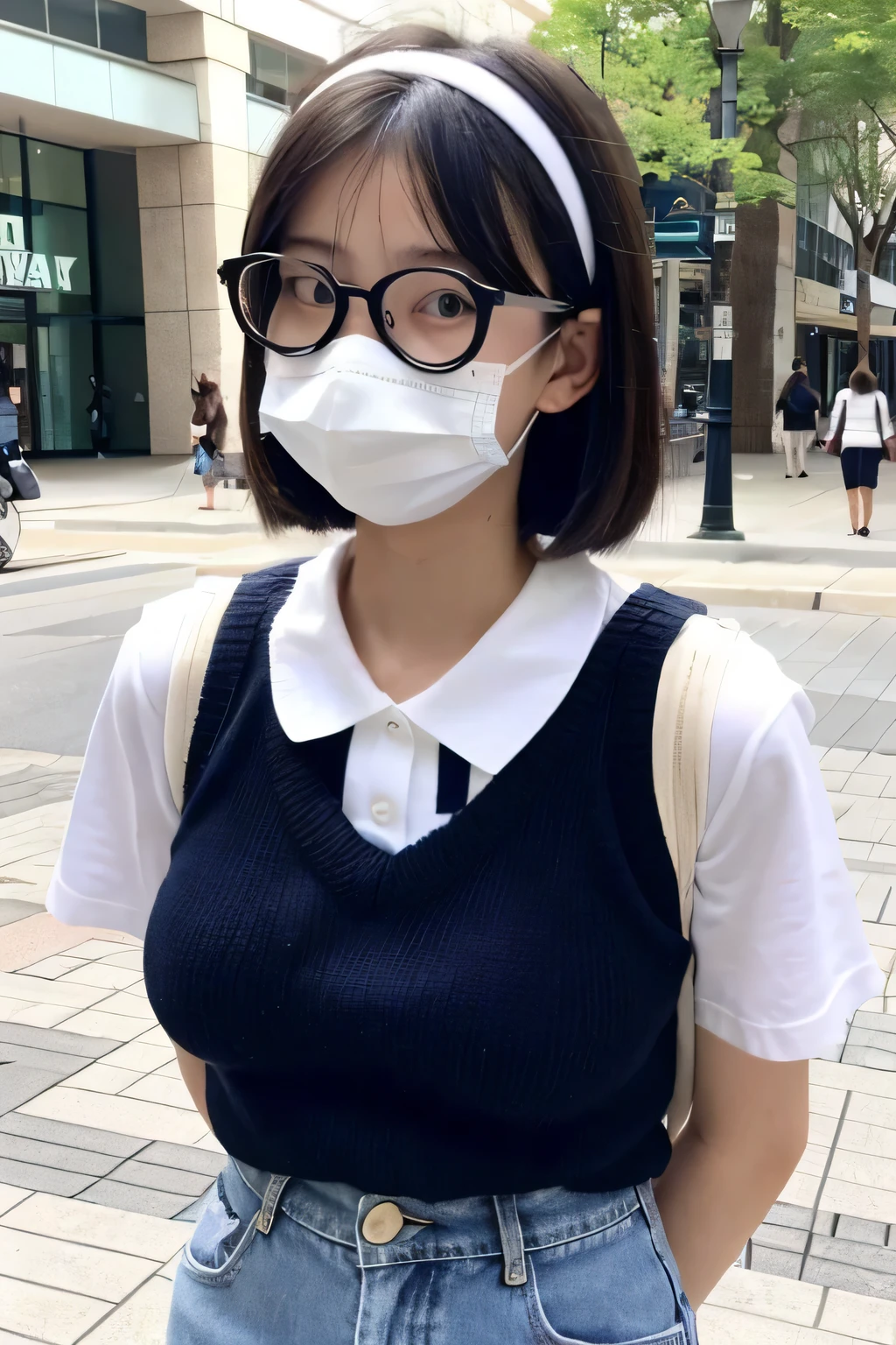 14 year old girl, short cute black haircut, wearing headband, black glasses, and wearing white mask. Wearin golf sweater vest and long blue jeans. short sleeve white shirt, tucked in, big breasts, location in the mall.