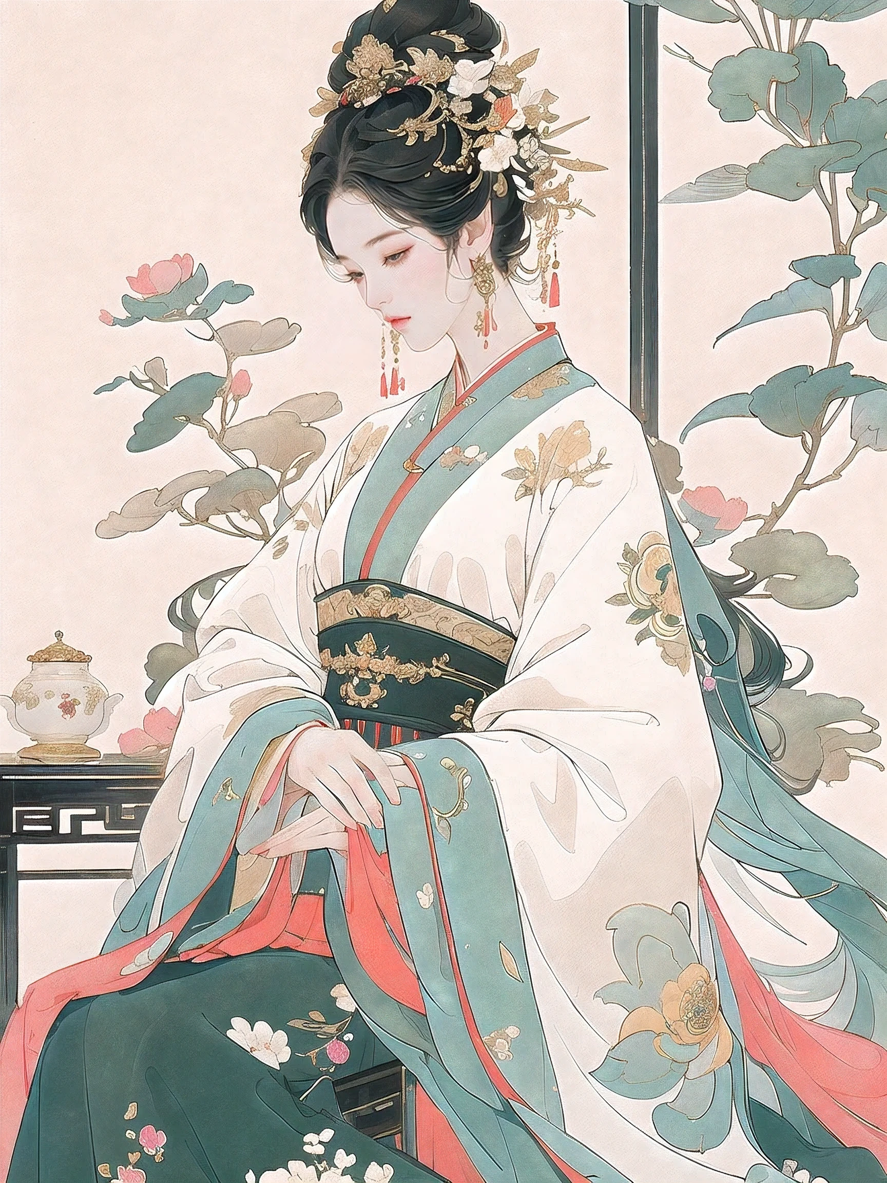 An imaginative and vivid depiction of the female figure，Think of it as your dream lover and life-long partner，Integrating the softness of traditional Chinese women with the role of modern Chinese housewives。This artistic expression highlights her nurturing and caring nature，It also shows her elegance and elegance。She is depicted with delicate features and warmth、seductiveexpression。Her outfit is a stylish fusion of tradition and modernity，reflects the duality of her character。she is depicted in a comfortable、in a modern environment，embodies a loving、The Essence of a Dedicated Companion and Homemaker。The background contains comfortable living space elements，Symbolizes stability and warmth。The overall style combines realism with fantasy，Capturing a dreamy contemporary aesthetic。 (floral watercolor painting:1.3)，(Super high saturation, bright and vivid colors:1.3)