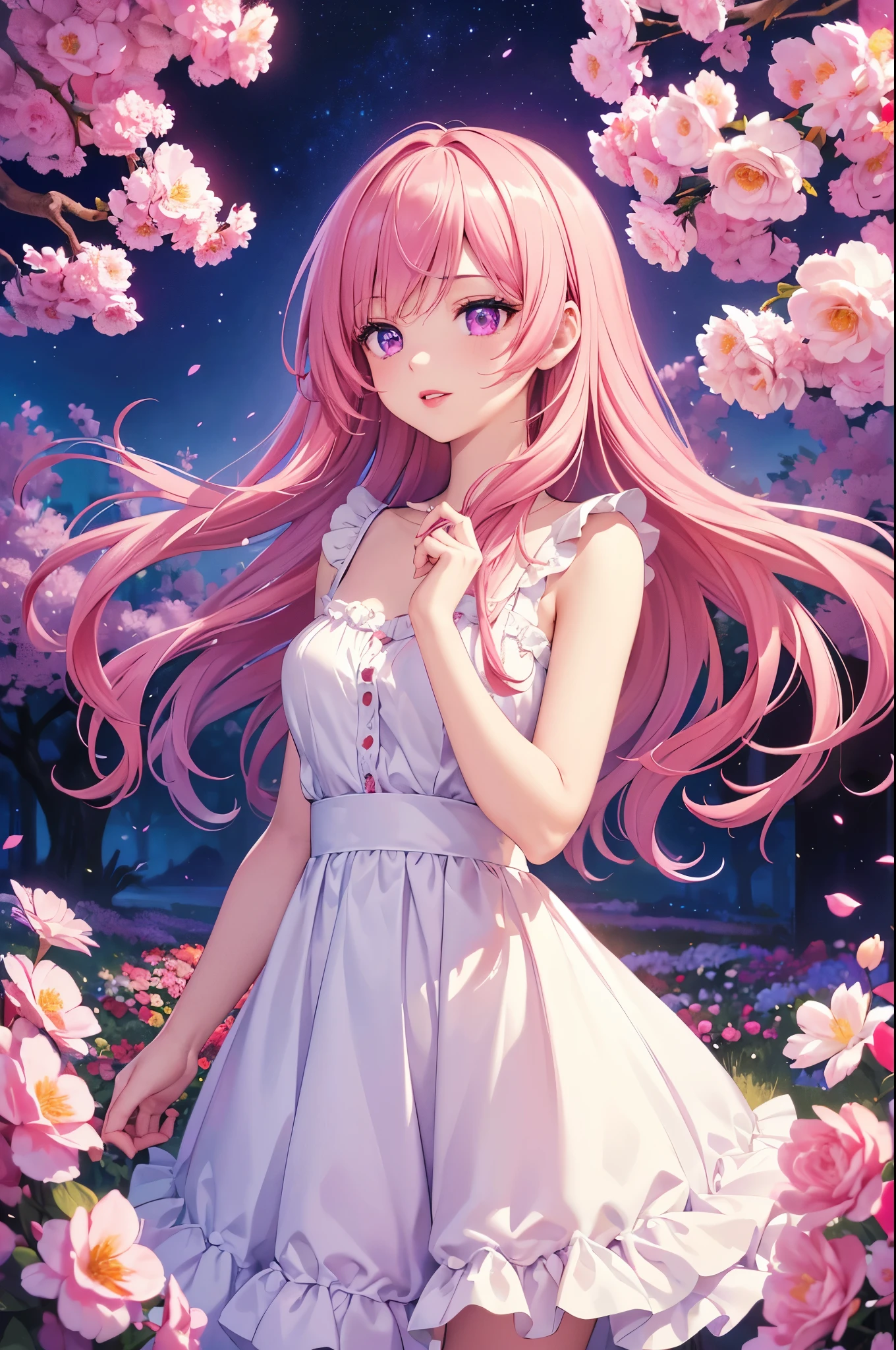 (best quality at best, 8K, a high resolution, masterpiece:1.2), digital artwork, one girl, detailed face, detailed eyes, pink hair, long straight hair, glowing purple eyes, red lips, suspenders, fantasy landscape, vibrant colors, soft lighting, whimsical atmosphere, blooming flowers, flowing dress, delicate details, ethereal background, dreamy aura