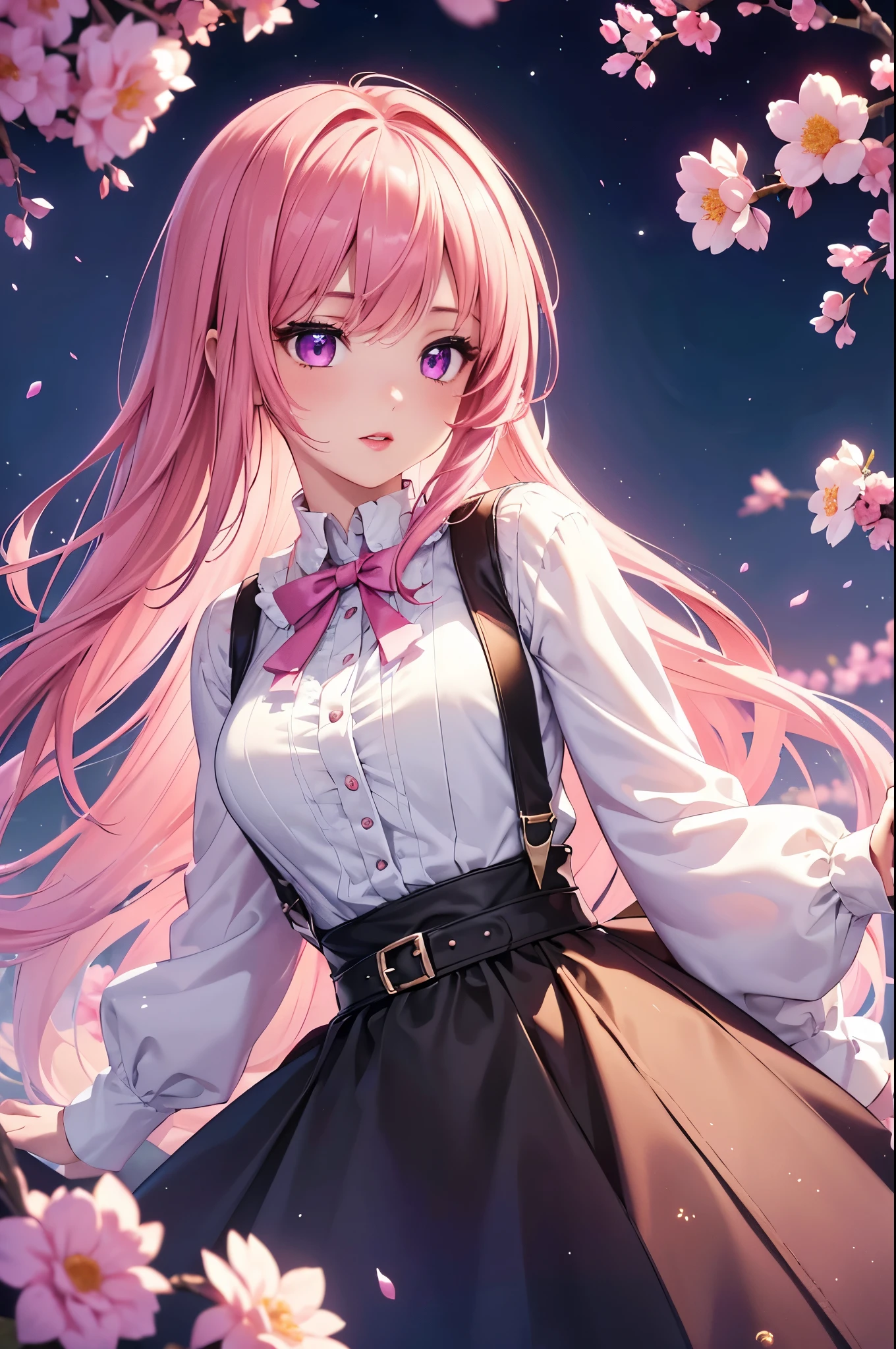 (best quality at best, 8K, a high resolution, masterpiece:1.2), digital artwork, one girl, detailed face, detailed eyes, pink hair, long straight hair, glowing purple eyes, red lips, suspenders, fantasy landscape, vibrant colors, soft lighting, whimsical atmosphere, blooming flowers, flowing dress, delicate details, ethereal background, dreamy aura