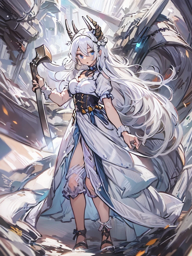 ((masterpiece)), ((bestquality)), ((ultra-detailed)), 1girl, solo, a , white hair, blue eyes, detailed face, dragonian_head, dragonian_body, dragonian_hairstyle, dragonian_horns, dragonian_tail, one white tail, white long dress, black choker, ((circlet on head)), bangs, open mouth, (fighting stance:1.5), shouting, roaring, glaring, (holding axe:1.2), mid_shot, molten dungeon, image resolution 1024