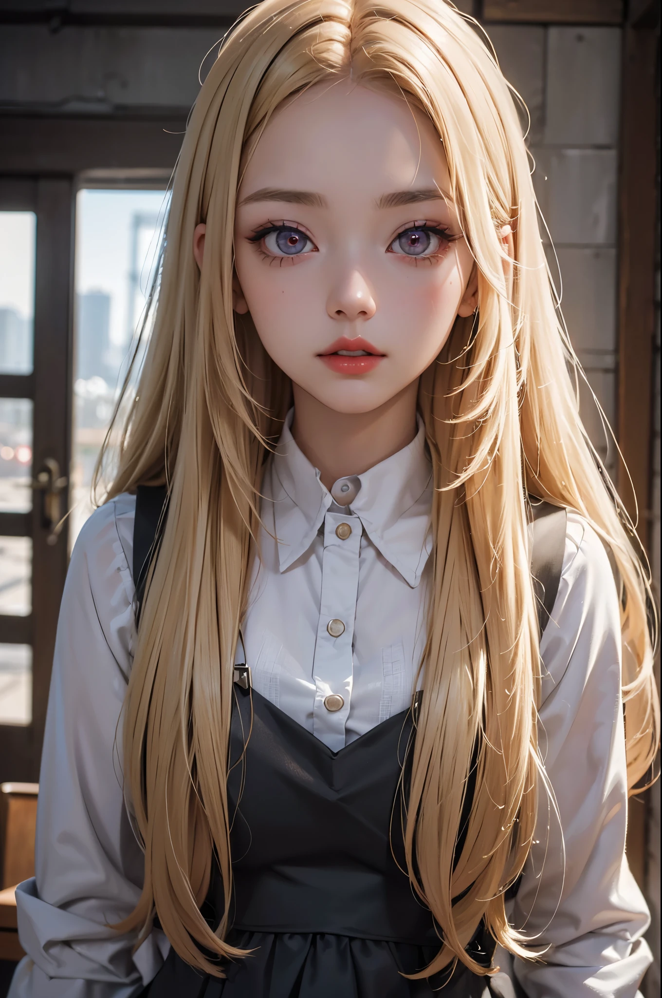 (Best quality at best,8K,A high resolution,tmasterpiece:1.2),Digital artwork, one girl,detailed face,detailed eyes,blonde hair,long straight hair,glowing red eyes,red lip,Suspenders