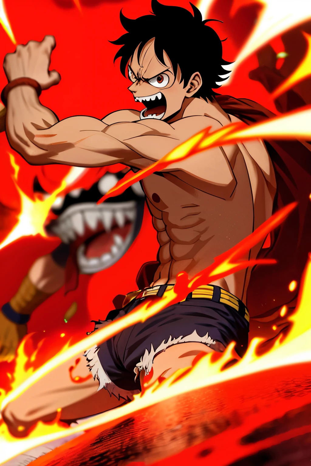 Design captivating posters, Showcasing the fifth gear Luffy as the central figure in "One Piece". Immerse in the heat of the moment, as we capture the essence of his burning determination and indomitable spirit. For he unleashes his anger upon his enemies, mirroring the raw power surging through his veins. Bold typography, striking imagery, and a vibrant color palette shall convey the raw intensity of Luffy's fury.