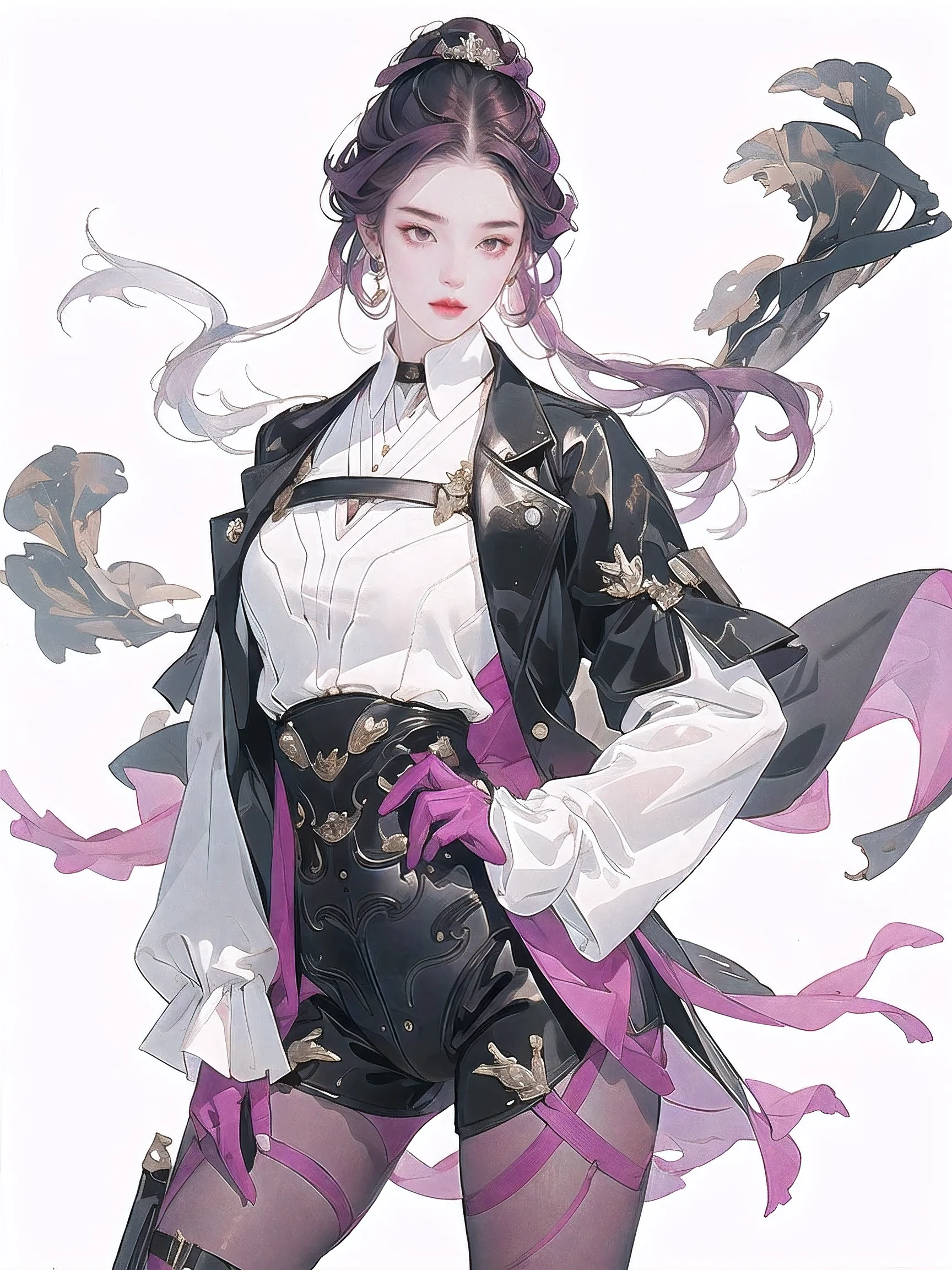 1girl,solo,masterpiece, best quality, highres, aakafka, sunglasses, eyewear on head, harness, black jacket, white shirt, collared shirt, long sleeves, white sleeves, purple gloves, black shorts, thigh strap, pantyhose,kafka, standing, cowboy shot, arms at sides, outdoors