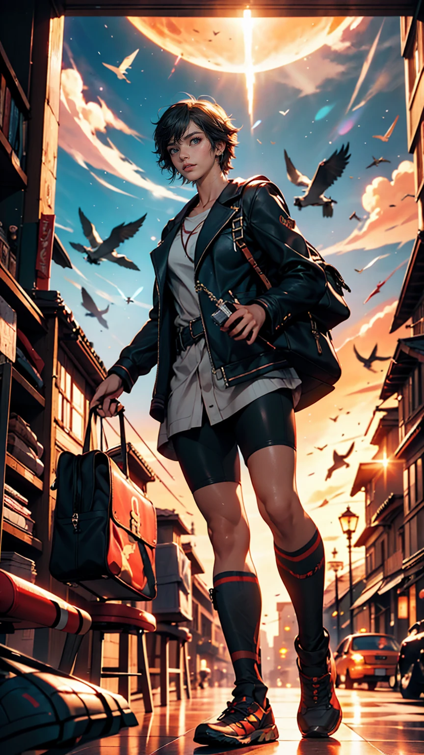 (3D:0.5,Realistic:0.5,photoRealistic:0.5),(Absurd,Super Resolution,masterpiece,highest quality,In detail,Absurd:1.2), Dramatic Light, Dramatic lighting, Cinematic, Anime Scenery, makoto shinkai, Ghibli, Fantasy World, Magic, Beautiful sky, cloud, building, bike, Airplane trajectory, bird, Dramatic Lighting, Cinematic lighting, sunset, warm sunset, Warm sun, street, Depth of written boundary, Lens flare,Mature Caucasian Woman