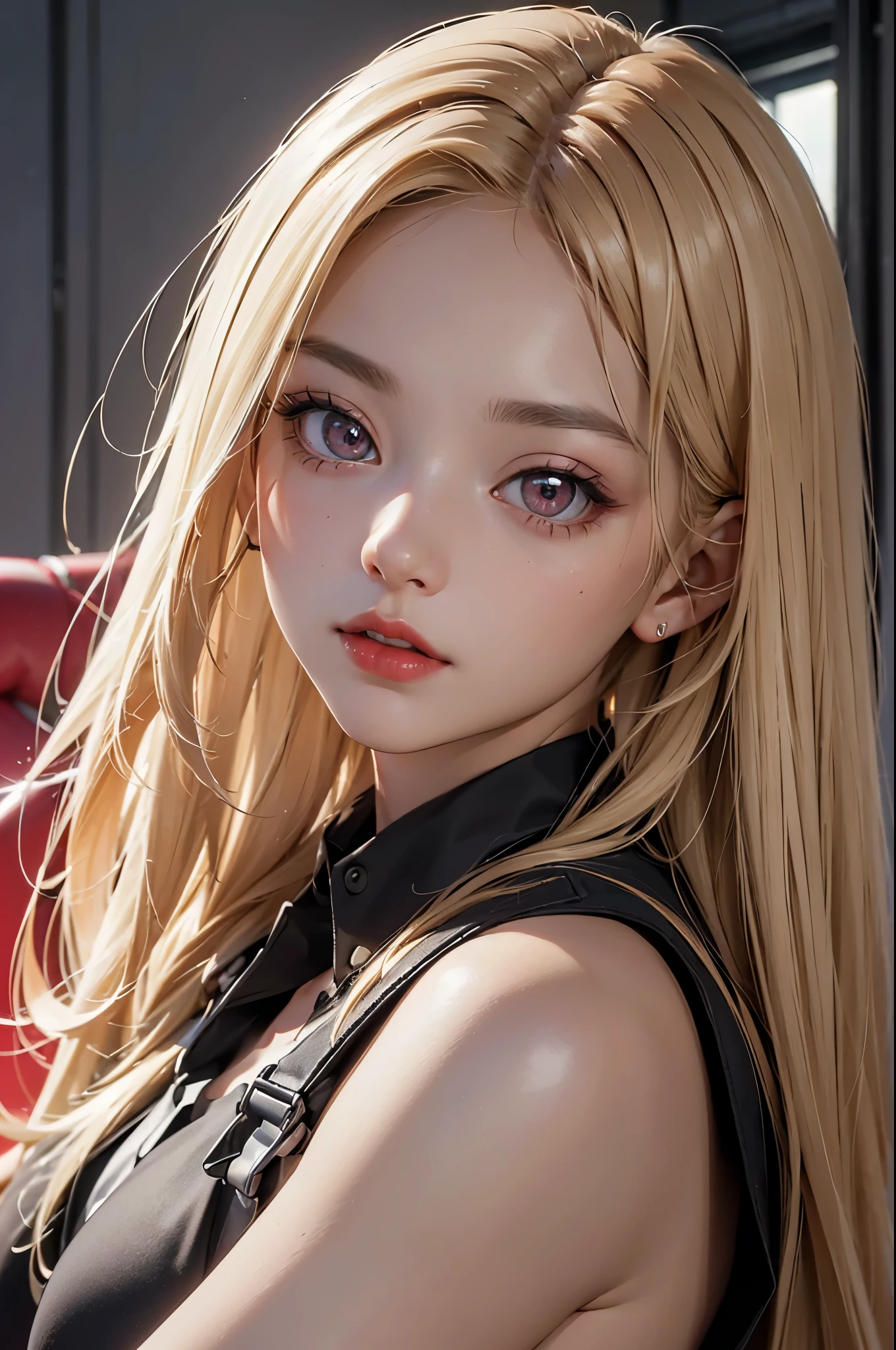 (Best quality at best,8K,A high resolution,tmasterpiece:1.2),Digital artwork, one girl，detailed face，detailed eyes，blonde hair，long straight hair，glowing red eyes，red lip，Suspenders