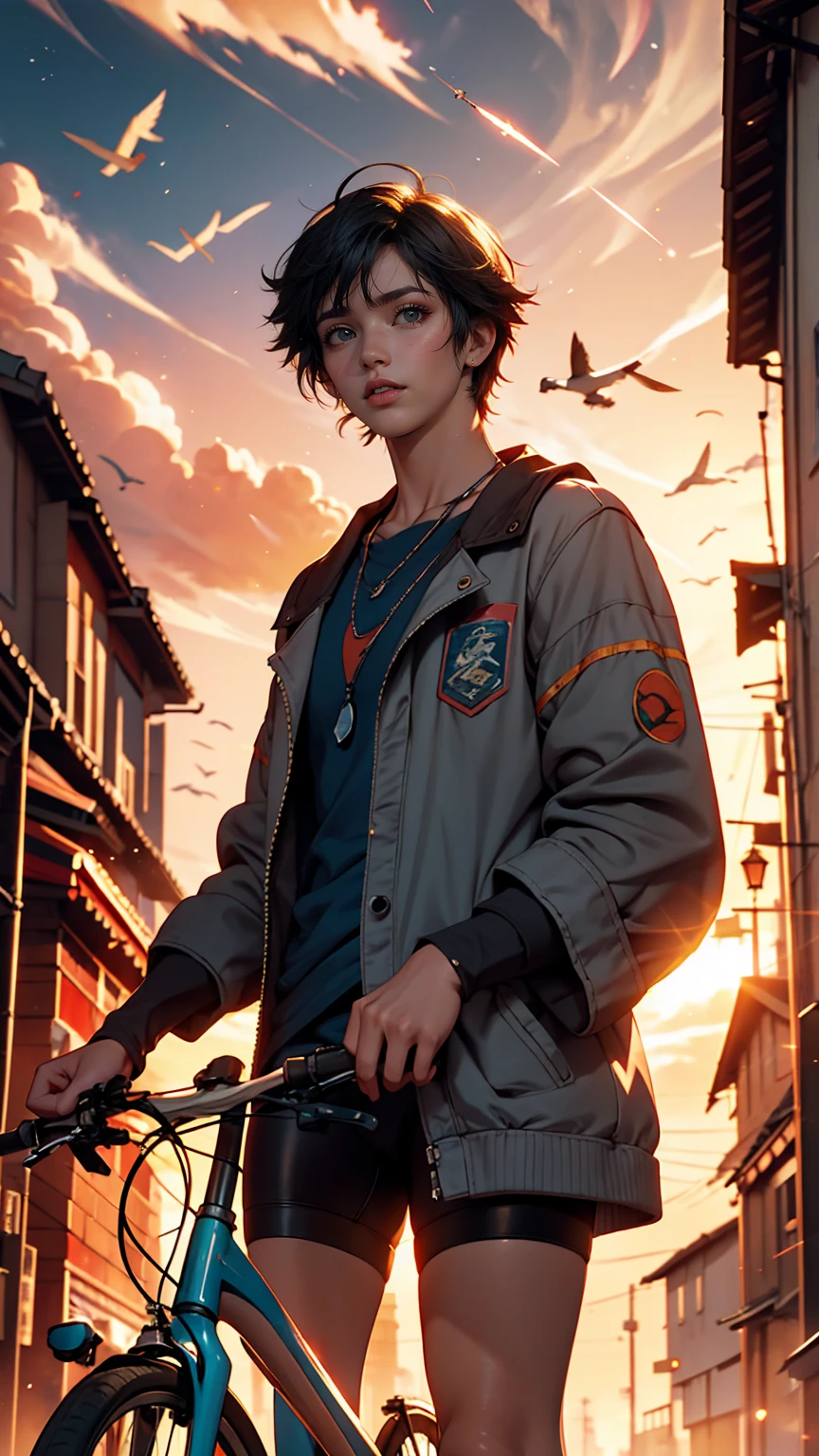 (3D:0.5,Realistic:0.5,photoRealistic:0.5),(Absurd,Super Resolution,masterpiece,highest quality,In detail,Absurd:1.2), Dramatic Light, Dramatic lighting, Cinematic, Anime Scenery, makoto shinkai, Ghibli, Fantasy World, Magic, Beautiful sky, cloud, building, bike, Airplane trajectory, bird, Dramatic Lighting, Cinematic lighting, sunset, warm sunset, Warm sun, street, Depth of written boundary, Lens flare,Mature Caucasian Woman