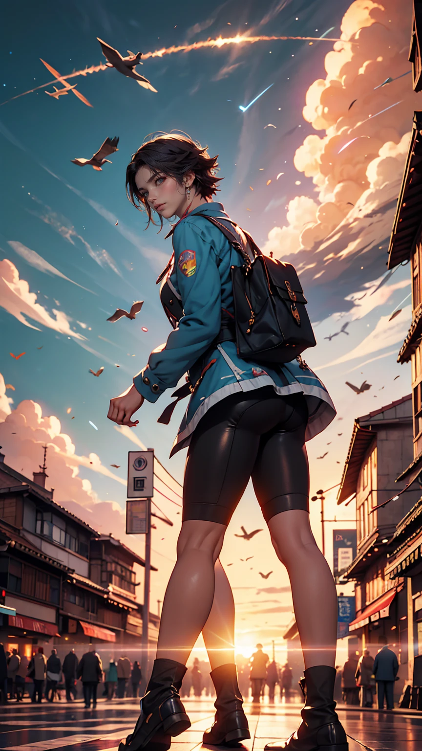 (3D:0.5,Realistic:0.5,photoRealistic:0.5),(Absurd,Super Resolution,masterpiece,highest quality,In detail,Absurd:1.2), Dramatic Light, Dramatic lighting, Cinematic, Anime Scenery, makoto shinkai, Ghibli, Fantasy World, Magic, Beautiful sky, cloud, building, bike, Airplane trajectory, bird, Dramatic Lighting, Cinematic lighting, sunset, warm sunset, Warm sun, street, Depth of written boundary, Lens flare,Mature Caucasian Woman