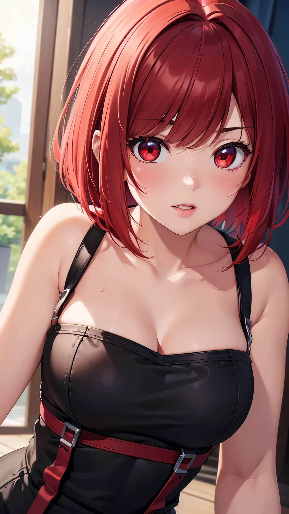 (Best quality at best,8K,A high resolution,tmasterpiece:1.2),Digital artwork, one girl，detailed face，detailed eyes，red hair，short straight hair，glowing red eyes，red lip，Suspenders