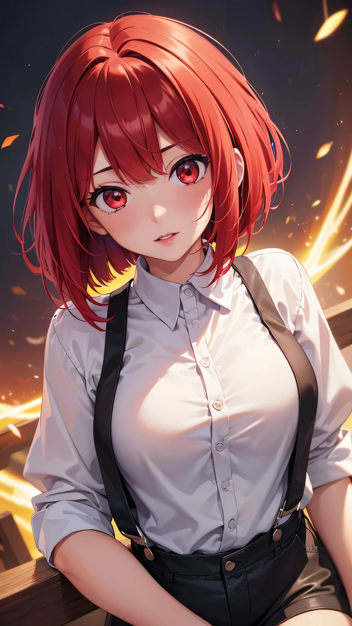 (Best quality at best,8K,A high resolution,tmasterpiece:1.2),Digital artwork, one girl，detailed face，detailed eyes，red hair，short straight hair，glowing red eyes，red lip，Suspenders