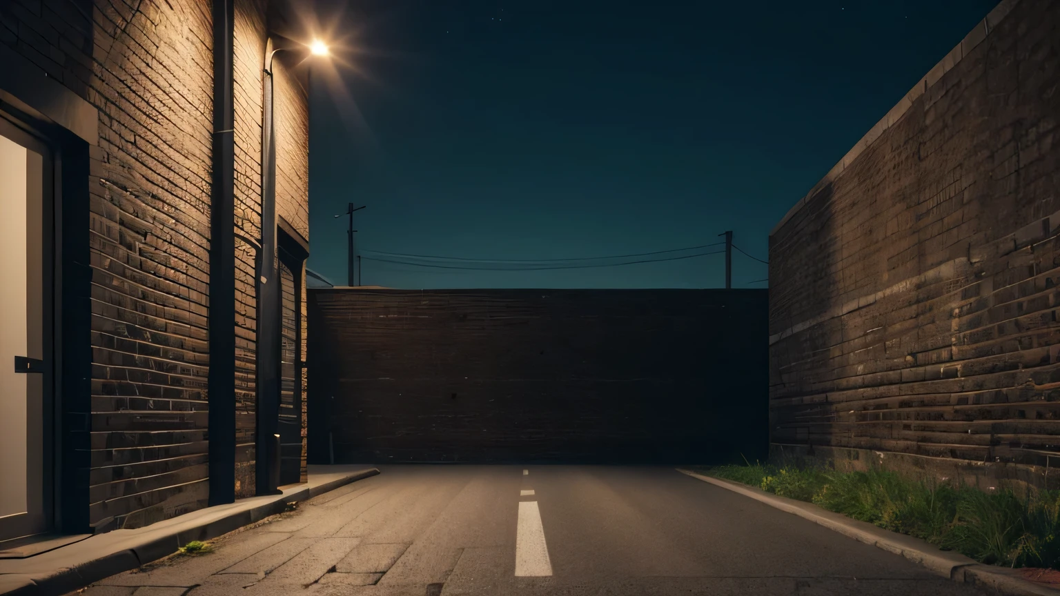 a 3D rendered artwork featuring a side view of a wall. The perspective should be from across the street, capturing a soft segment of the black asphalt road, a sidewalk. The main focus is on the brick wall. Ensure the wall has detailed, texture and is well-lit by subtle, ambient night lighting. The scene should evoke an cozy, and slightly mysterious atmosphere.