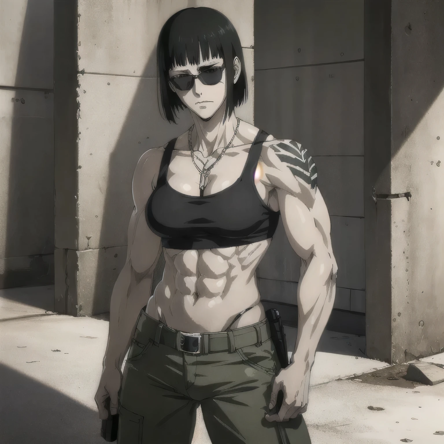 (best quality,ultra-detailed,realistic:1.37),musclaur badass girl with sculpted body with preview her musclaur body and six-pack, full review of the female character's face and body, intense expression, strong and confident posture, studio lighting, vivid colors, physiologically-based rendering, grungy texture, rugged background, dust particles in the air, commanding presence, professional, powerful, gritty aesthetics,,Valmet،short hair,necklace,kiss the necklace,clean muscles،wearing military pants with belt and sport midriff tank top, tattoos on shoulders,clean clothes,Hands in pockets,sunglasses,Shining muscles, muscle protrusion,