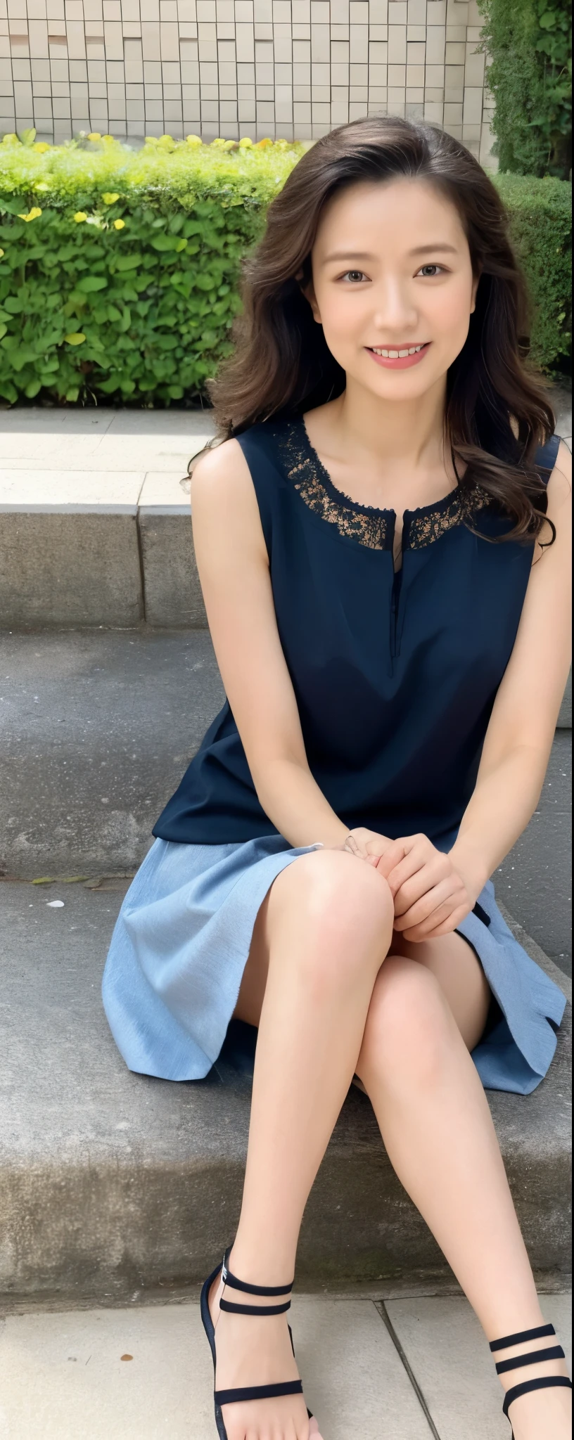 masuterpiece, Best Quality, Illustration, Ultra-detailed, finely detail, hight resolution, 8K Perfect dynamic composition, from front, full body, Beautiful detailed eyes, Medium wavy Hair, wearing unadorned sleeveless blouse:1.2, long skirt, sandals, make up:1.1, Random poses,Smile, Omotesando Street Walk, 28 years girl
