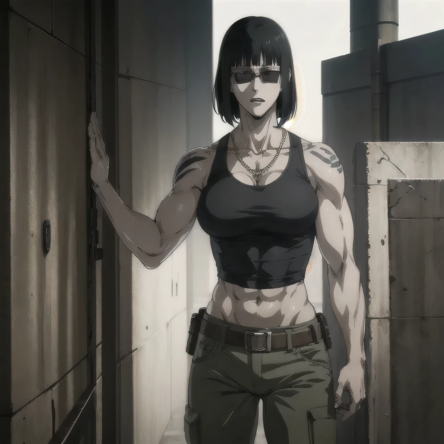 (best quality,ultra-detailed,realistic:1.37),musclaur badass girl with sculpted body with preview her musclaur body and six-pack, full review of the female character's face and body, intense expression, strong and confident posture, studio lighting, vivid colors, physiologically-based rendering, grungy texture, rugged background, dust particles in the air, commanding presence, professional, powerful, gritty aesthetics,,Valmet،short hair,necklace,kiss the necklace,clean muscles،wearing military pants with belt and sport midriff tank top, tattoos on shoulders,clean clothes,Hands in pockets,sunglasses,Shining muscles, muscle protrusion,