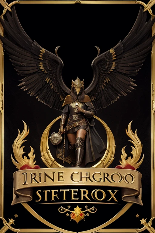 Una emblema de escudo medieval, color negro, y a los costados, phoenix birds, color dorado y de nombre diga stranger